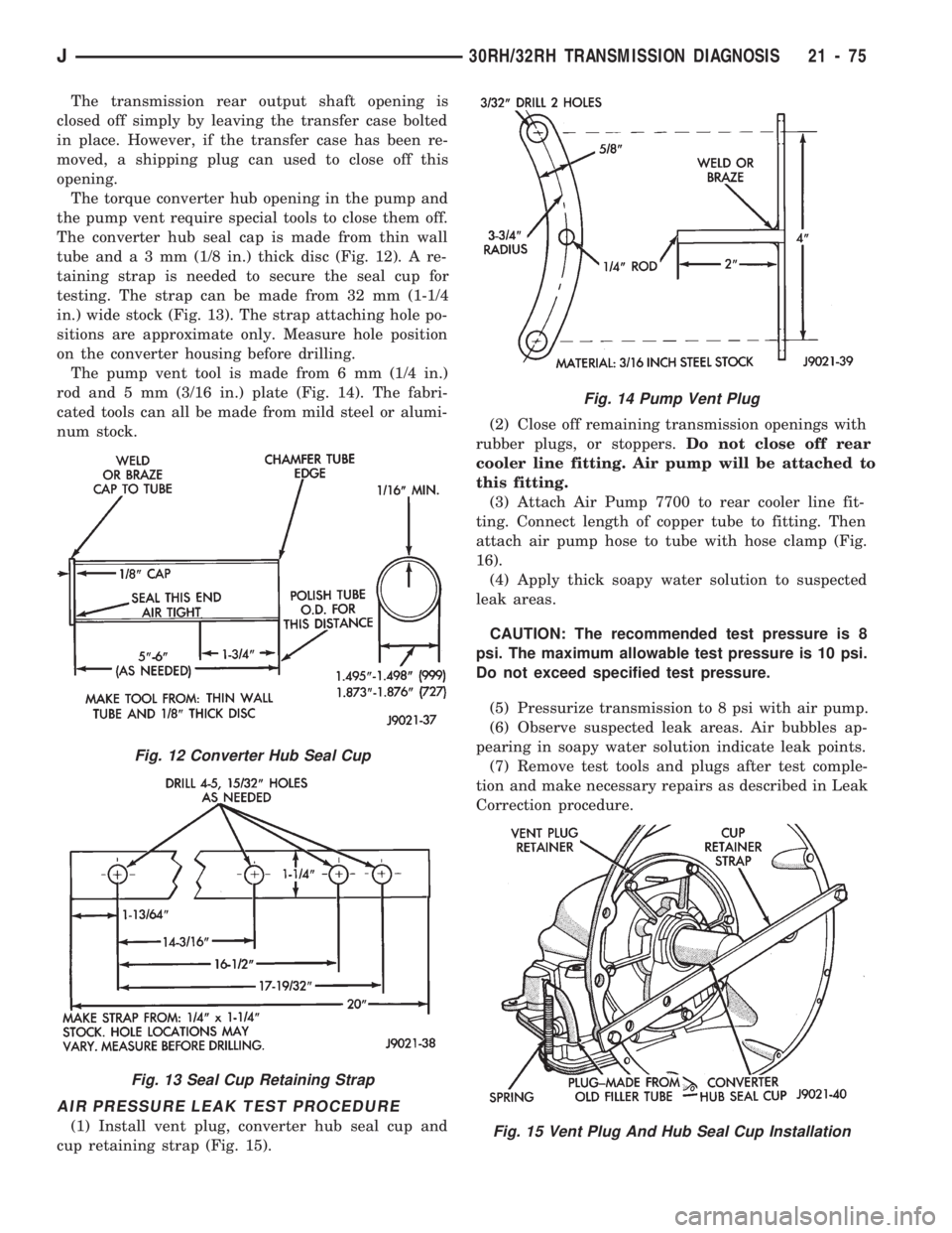 JEEP WRANGLER 1994 Owners Manual Fig. 13 Seal Cup Retaining Strap
Fig. 14 Pump Vent Plug
Fig. 15 Vent Plug And Hub Seal Cup Installation
J30RH/32RH TRANSMISSION DIAGNOSIS 21 - 75 JEEP WRANGLER 1994 Owners Manual Fig. 13 Seal Cup Retaining Strap
Fig. 14 Pump Vent Plug
Fig. 15 Vent Plug And Hub Seal Cup Installation
J30RH/32RH TRANSMISSION DIAGNOSIS 21 - 75