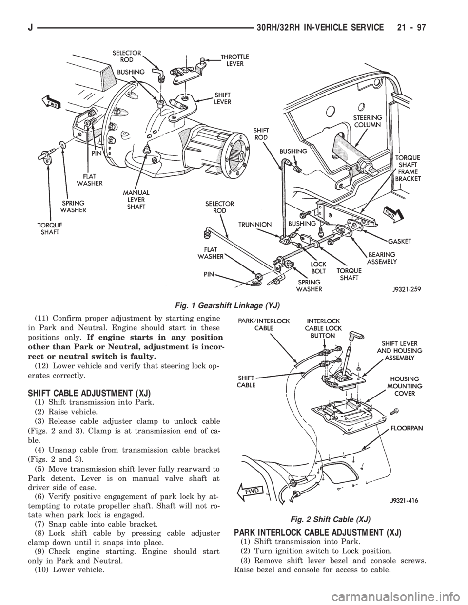 JEEP WRANGLER 1994 Owners Manual Fig. 2 Shift Cable (XJ)
J30RH/32RH IN-VEHICLE SERVICE 21 - 97 JEEP WRANGLER 1994 Owners Manual Fig. 2 Shift Cable (XJ)
J30RH/32RH IN-VEHICLE SERVICE 21 - 97
