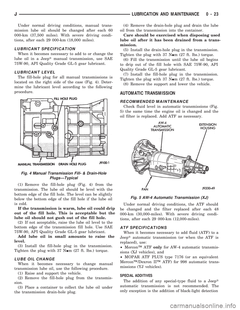 JEEP WRANGLER 1994 Owners Guide Fig. 4 Manual Transmission Fill- & Drain-Hole
PlugsÐTypical
JLUBRICATION AND MAINTENANCE 0 - 23 JEEP WRANGLER 1994 Owners Guide Fig. 4 Manual Transmission Fill- & Drain-Hole
PlugsÐTypical
JLUBRICATION AND MAINTENANCE 0 - 23