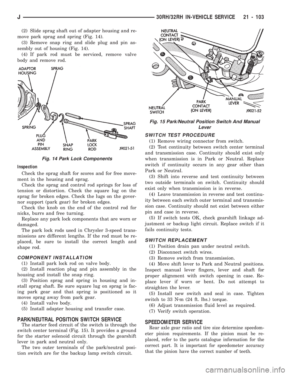 JEEP WRANGLER 1994 Owners Manual Fig. 15 Park/Neutral Position Switch And Manual
Lever
J30RH/32RH IN-VEHICLE SERVICE 21 - 103 JEEP WRANGLER 1994 Owners Manual Fig. 15 Park/Neutral Position Switch And Manual
Lever
J30RH/32RH IN-VEHICLE SERVICE 21 - 103