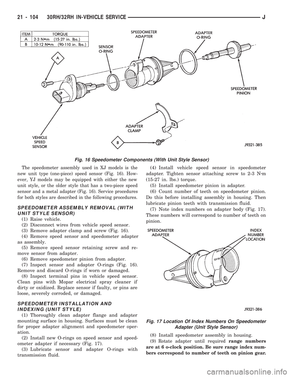 JEEP WRANGLER 1994 Owners Manual Fig. 17 Location Of Index Numbers On Speedometer
Adapter (Unit Style Sensor)
21 - 104 30RH/32RH IN-VEHICLE SERVICEJ JEEP WRANGLER 1994 Owners Manual Fig. 17 Location Of Index Numbers On Speedometer
Adapter (Unit Style Sensor)
21 - 104 30RH/32RH IN-VEHICLE SERVICEJ