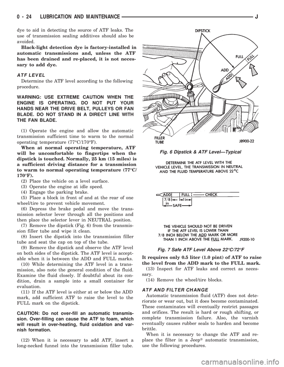 JEEP WRANGLER 1994 Owners Guide Fig. 7 Safe ATF Level Above 22ÉC/72ÉF
0 - 24 LUBRICATION AND MAINTENANCEJ JEEP WRANGLER 1994 Owners Guide Fig. 7 Safe ATF Level Above 22ÉC/72ÉF
0 - 24 LUBRICATION AND MAINTENANCEJ