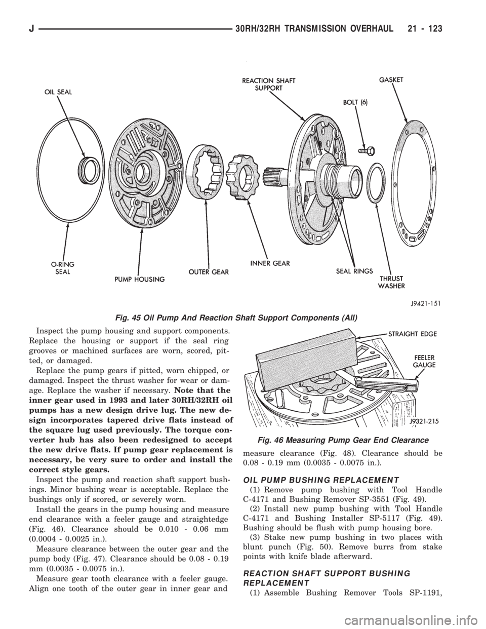 JEEP WRANGLER 1994 Owners Manual Fig. 46 Measuring Pump Gear End Clearance
J30RH/32RH TRANSMISSION OVERHAUL 21 - 123 JEEP WRANGLER 1994 Owners Manual Fig. 46 Measuring Pump Gear End Clearance
J30RH/32RH TRANSMISSION OVERHAUL 21 - 123