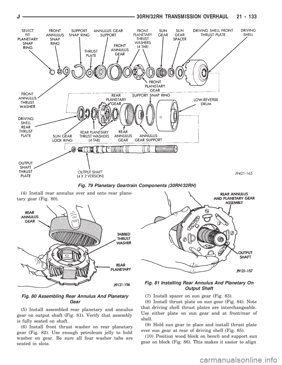 JEEP WRANGLER 1994 Owners Manual Fig. 80 Assembling Rear Annulus And Planetary
Gear
Fig. 81 Installing Rear Annulus And Planetary On
Output Shaft
J30RH/32RH TRANSMISSION OVERHAUL 21 - 133 JEEP WRANGLER 1994 Owners Manual Fig. 80 Assembling Rear Annulus And Planetary
Gear
Fig. 81 Installing Rear Annulus And Planetary On
Output Shaft
J30RH/32RH TRANSMISSION OVERHAUL 21 - 133