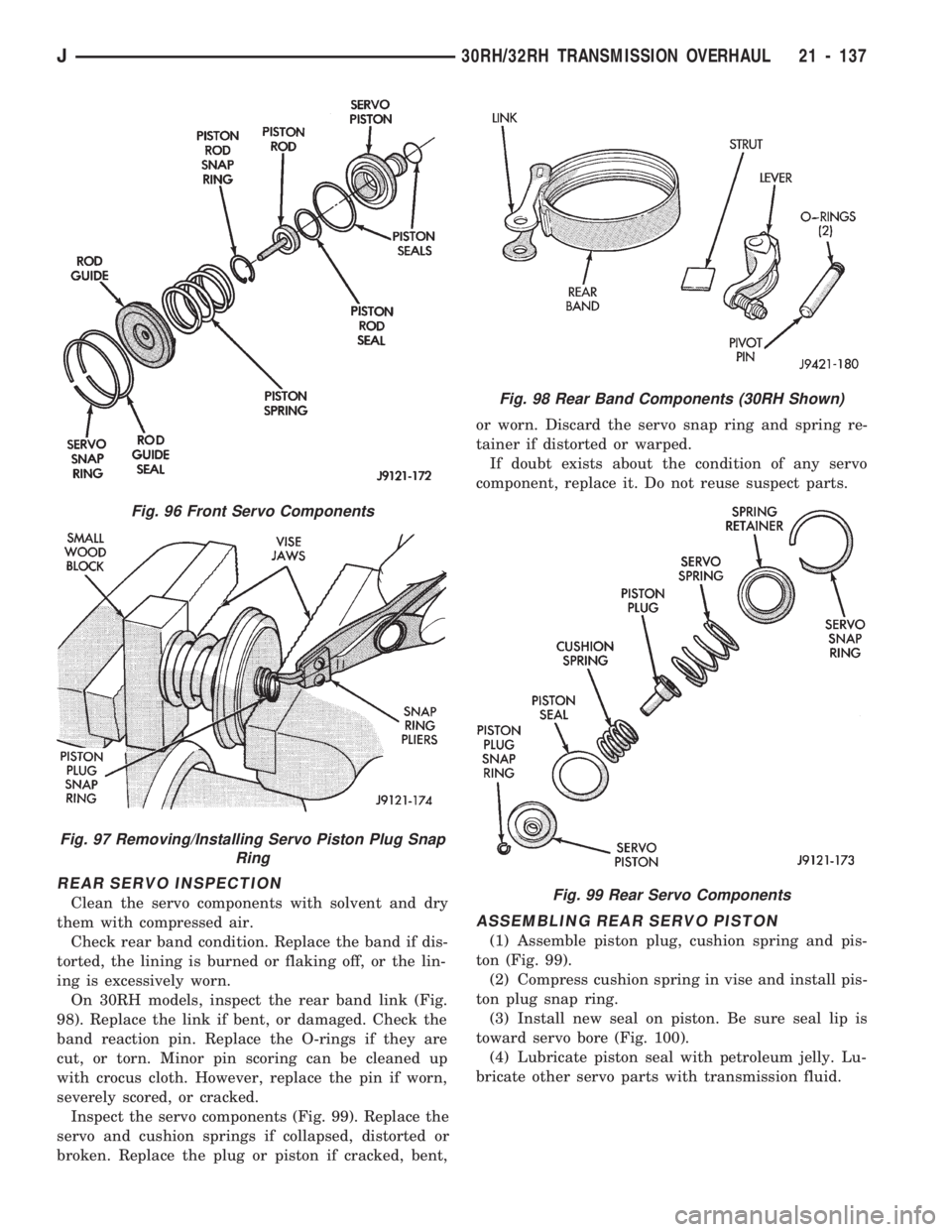 JEEP WRANGLER 1994 Owners Manual Fig. 97 Removing/Installing Servo Piston Plug Snap
Ring
Fig. 98 Rear Band Components (30RH Shown)
Fig. 99 Rear Servo Components
J30RH/32RH TRANSMISSION OVERHAUL 21 - 137 JEEP WRANGLER 1994 Owners Manual Fig. 97 Removing/Installing Servo Piston Plug Snap
Ring
Fig. 98 Rear Band Components (30RH Shown)
Fig. 99 Rear Servo Components
J30RH/32RH TRANSMISSION OVERHAUL 21 - 137