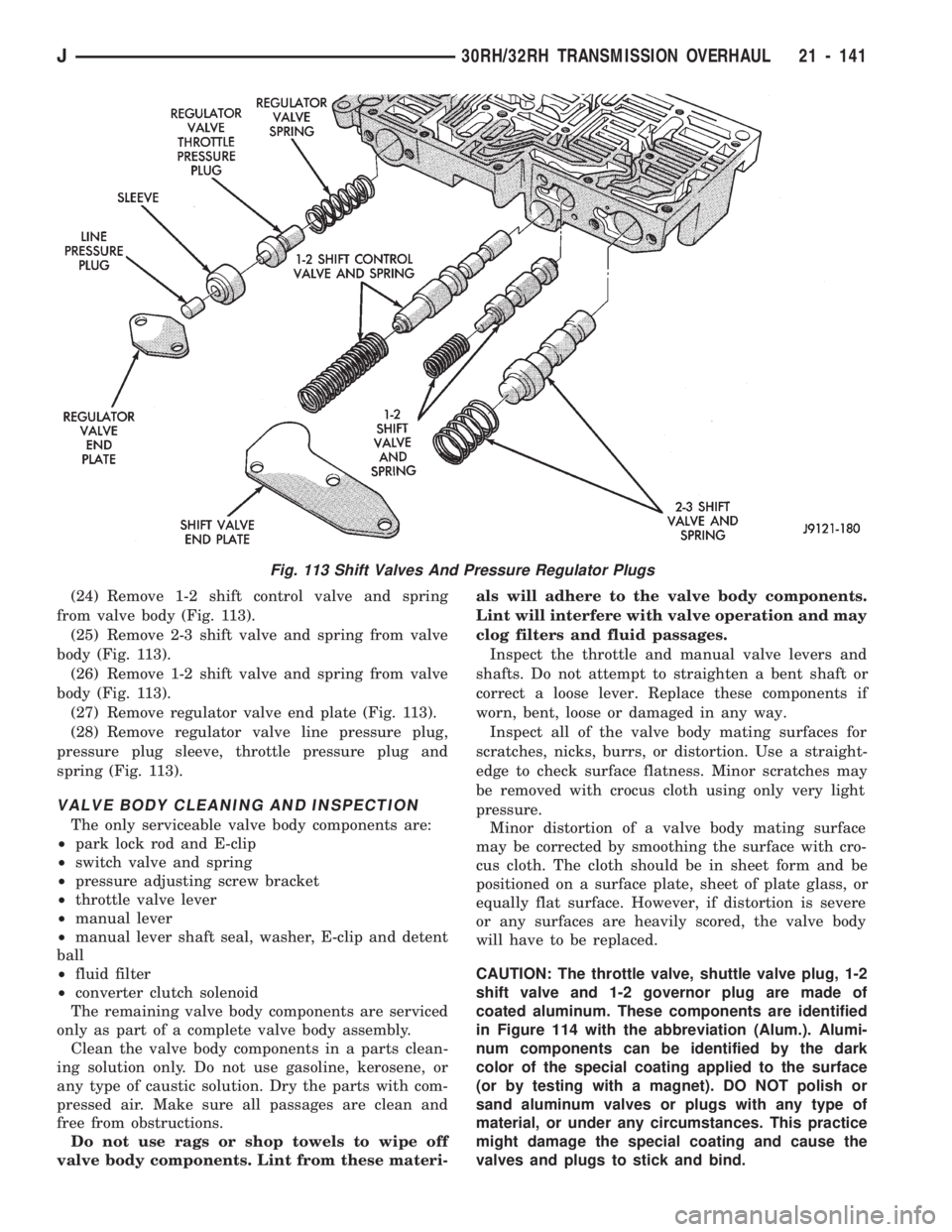 JEEP WRANGLER 1994 Owners Manual Fig. 113 Shift Valves And Pressure Regulator Plugs
J30RH/32RH TRANSMISSION OVERHAUL 21 - 141 JEEP WRANGLER 1994 Owners Manual Fig. 113 Shift Valves And Pressure Regulator Plugs
J30RH/32RH TRANSMISSION OVERHAUL 21 - 141