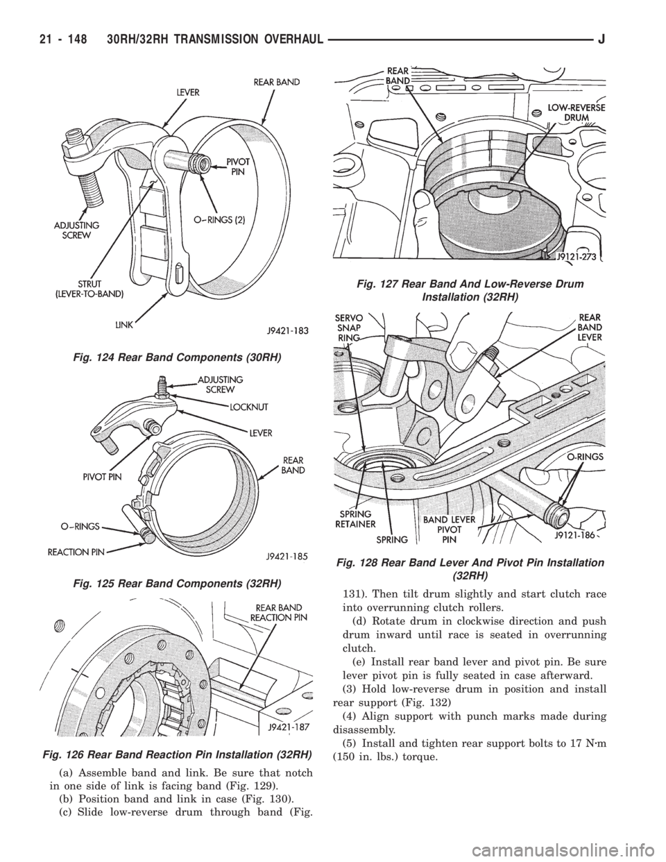 JEEP WRANGLER 1994 Owners Manual Fig. 125 Rear Band Components (32RH)
Fig. 126 Rear Band Reaction Pin Installation (32RH)
Fig. 127 Rear Band And Low-Reverse Drum
Installation (32RH)
Fig. 128 Rear Band Lever And Pivot Pin Installation JEEP WRANGLER 1994 Owners Manual Fig. 125 Rear Band Components (32RH)
Fig. 126 Rear Band Reaction Pin Installation (32RH)
Fig. 127 Rear Band And Low-Reverse Drum
Installation (32RH)
Fig. 128 Rear Band Lever And Pivot Pin Installation