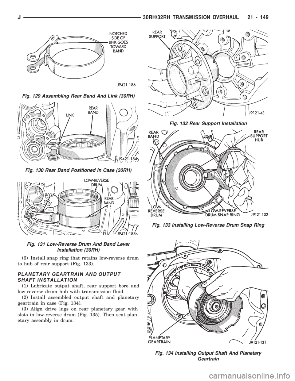 JEEP WRANGLER 1994 Owners Manual Fig. 133 Installing Low-Reverse Drum Snap Ring
Fig. 134 Installing Output Shaft And Planetary
Geartrain
Fig. 129 Assembling Rear Band And Link (30RH)
Fig. 130 Rear Band Positioned In Case (30RH)
Fig. JEEP WRANGLER 1994 Owners Manual Fig. 133 Installing Low-Reverse Drum Snap Ring
Fig. 134 Installing Output Shaft And Planetary
Geartrain
Fig. 129 Assembling Rear Band And Link (30RH)
Fig. 130 Rear Band Positioned In Case (30RH)
Fig.