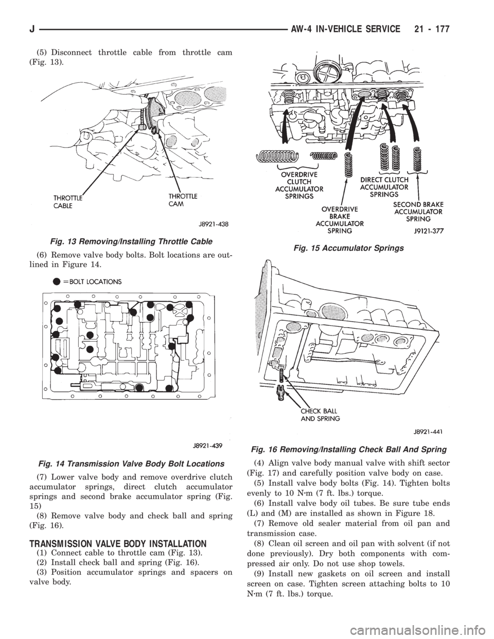JEEP WRANGLER 1994 Owners Manual Fig. 14 Transmission Valve Body Bolt Locations
Fig. 15 Accumulator Springs
Fig. 16 Removing/Installing Check Ball And Spring
JAW-4 IN-VEHICLE SERVICE 21 - 177 JEEP WRANGLER 1994 Owners Manual Fig. 14 Transmission Valve Body Bolt Locations
Fig. 15 Accumulator Springs
Fig. 16 Removing/Installing Check Ball And Spring
JAW-4 IN-VEHICLE SERVICE 21 - 177