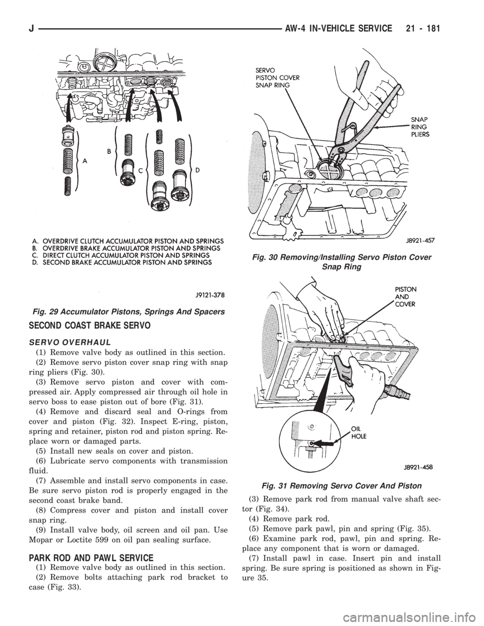 JEEP WRANGLER 1994 Owners Manual Fig. 30 Removing/Installing Servo Piston Cover
Snap Ring
Fig. 31 Removing Servo Cover And Piston
JAW-4 IN-VEHICLE SERVICE 21 - 181 JEEP WRANGLER 1994 Owners Manual Fig. 30 Removing/Installing Servo Piston Cover
Snap Ring
Fig. 31 Removing Servo Cover And Piston
JAW-4 IN-VEHICLE SERVICE 21 - 181