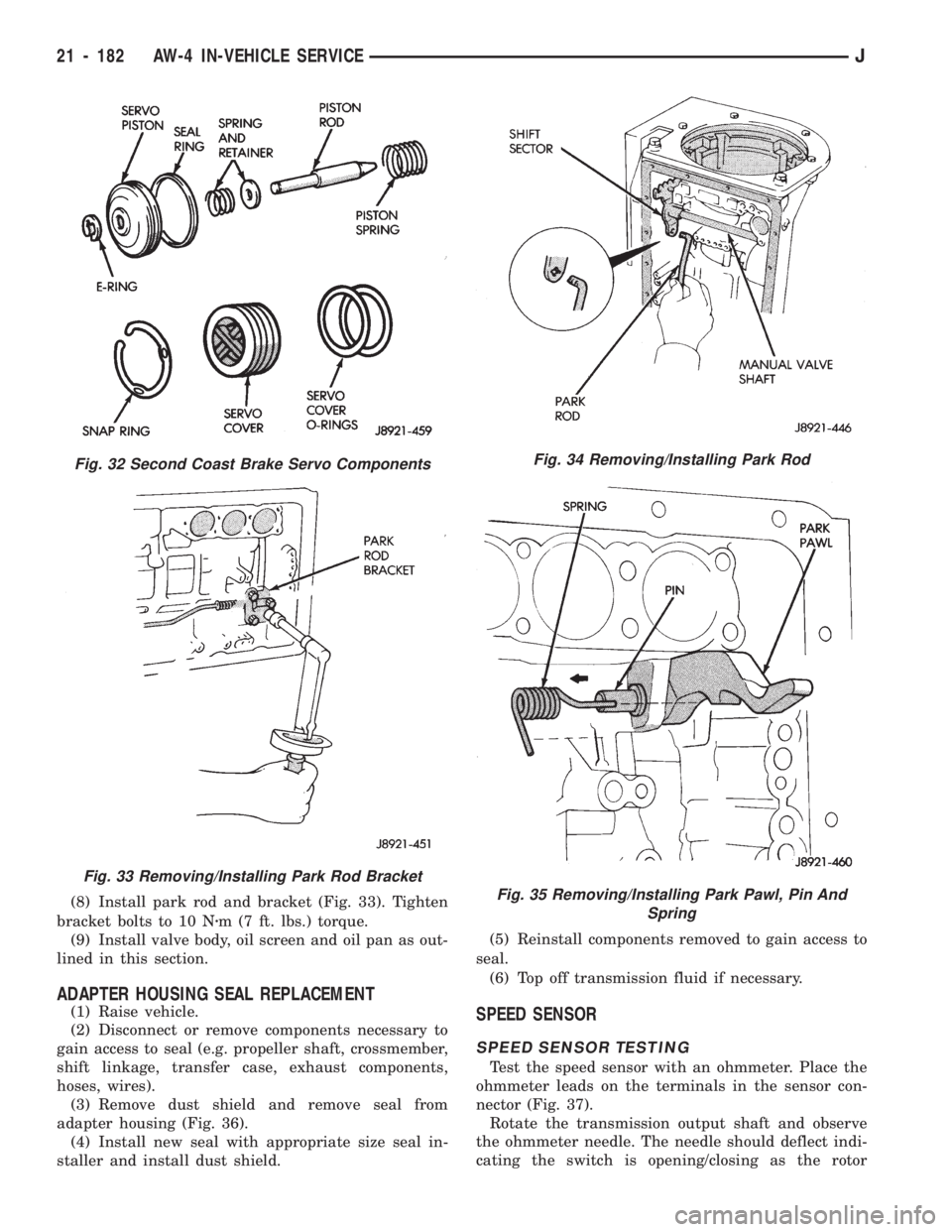 JEEP WRANGLER 1994 Owners Manual Fig. 35 Removing/Installing Park Pawl, Pin And
Spring
Fig. 32 Second Coast Brake Servo Components
Fig. 33 Removing/Installing Park Rod Bracket
21 - 182 AW-4 IN-VEHICLE SERVICEJ JEEP WRANGLER 1994 Owners Manual Fig. 35 Removing/Installing Park Pawl, Pin And
Spring
Fig. 32 Second Coast Brake Servo Components
Fig. 33 Removing/Installing Park Rod Bracket
21 - 182 AW-4 IN-VEHICLE SERVICEJ