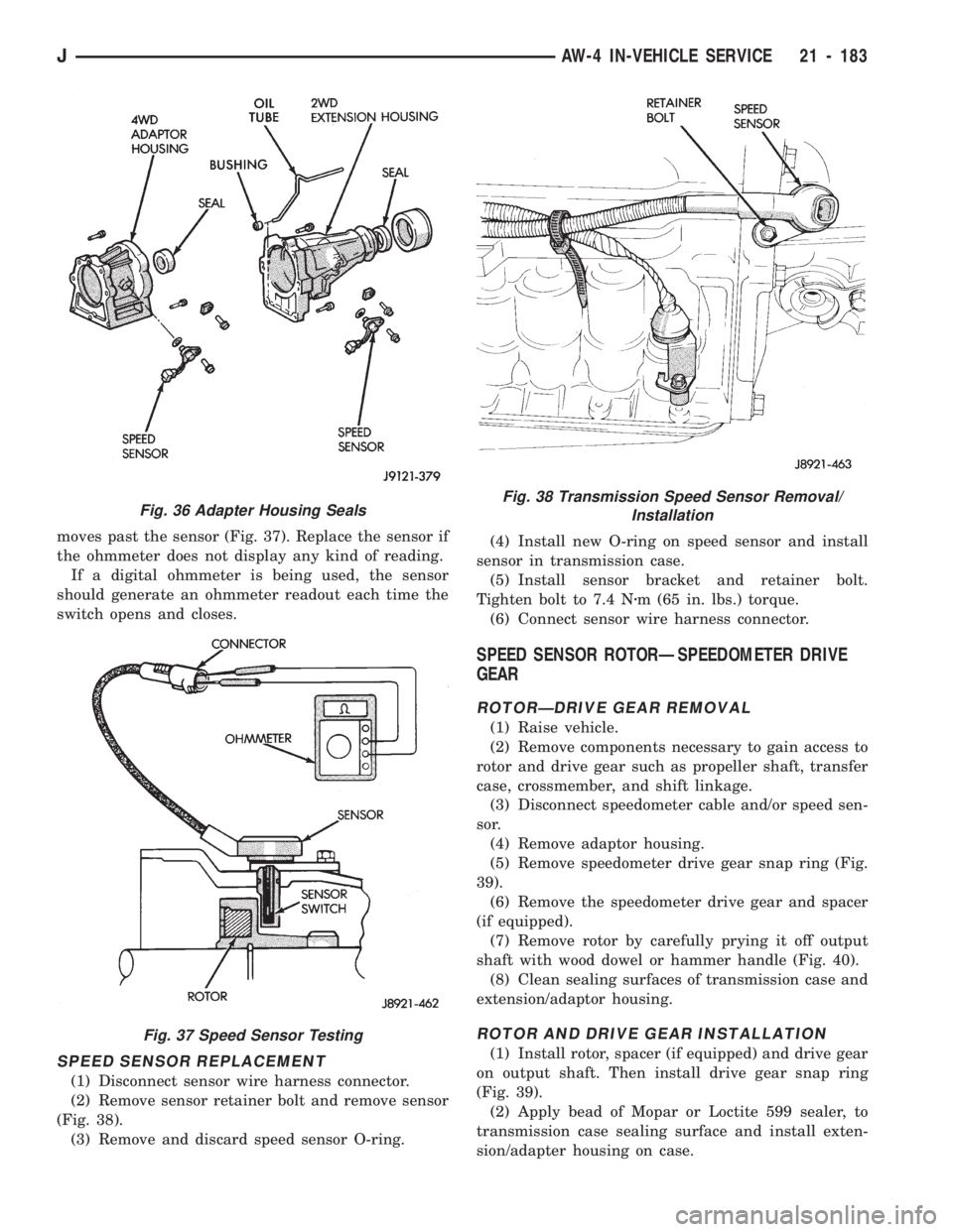 JEEP WRANGLER 1994 Owners Manual Fig. 37 Speed Sensor Testing
Fig. 38 Transmission Speed Sensor Removal/
Installation
JAW-4 IN-VEHICLE SERVICE 21 - 183 JEEP WRANGLER 1994 Owners Manual Fig. 37 Speed Sensor Testing
Fig. 38 Transmission Speed Sensor Removal/
Installation
JAW-4 IN-VEHICLE SERVICE 21 - 183