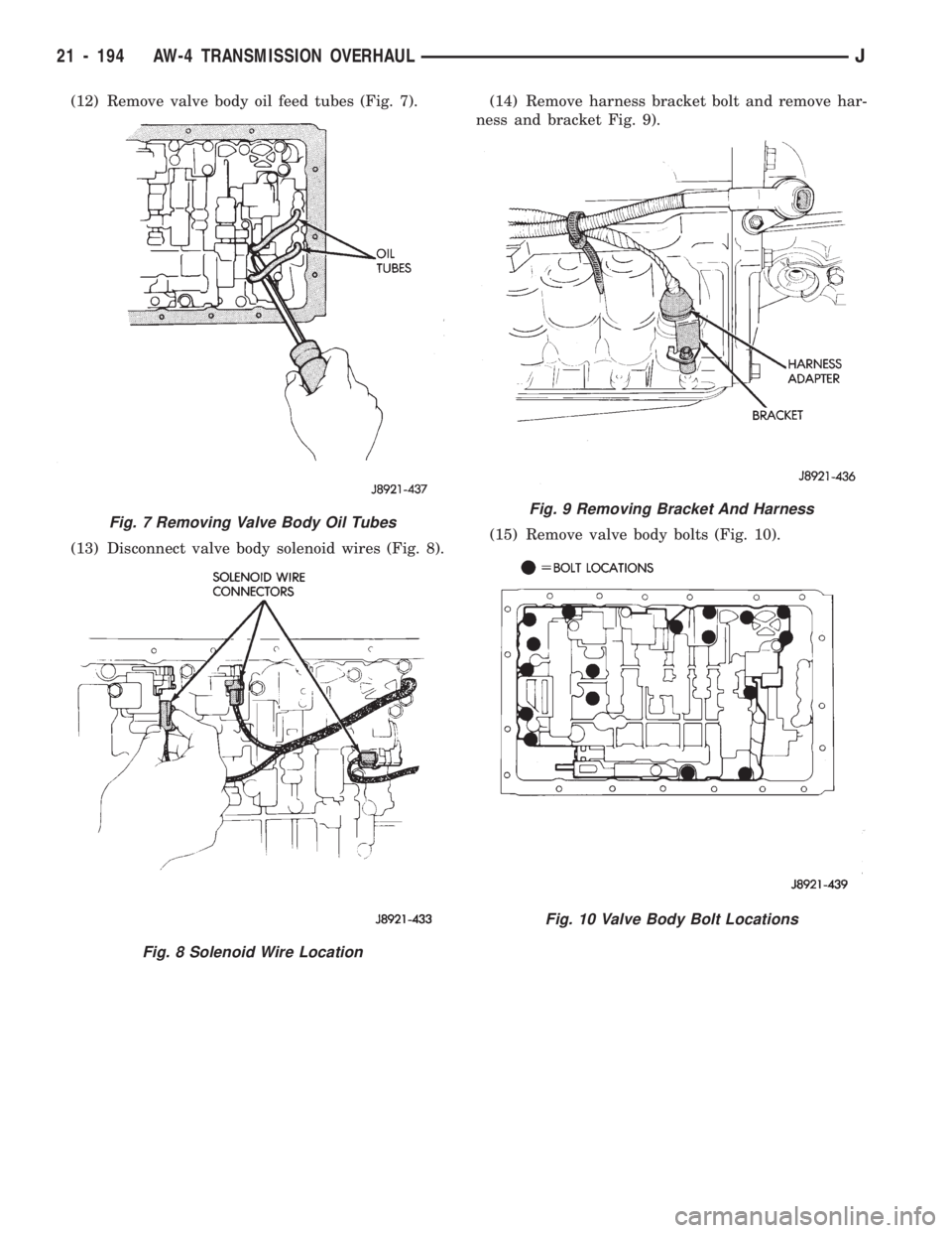JEEP WRANGLER 1994 Owners Manual Fig. 8 Solenoid Wire Location
Fig. 9 Removing Bracket And Harness
Fig. 10 Valve Body Bolt Locations
21 - 194 AW-4 TRANSMISSION OVERHAULJ JEEP WRANGLER 1994 Owners Manual Fig. 8 Solenoid Wire Location
Fig. 9 Removing Bracket And Harness
Fig. 10 Valve Body Bolt Locations
21 - 194 AW-4 TRANSMISSION OVERHAULJ