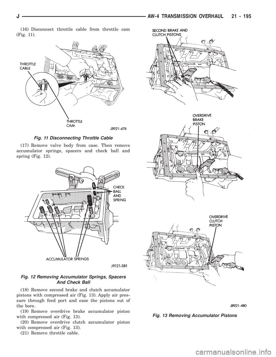 JEEP WRANGLER 1994 Owners Manual Fig. 12 Removing Accumulator Springs, Spacers
And Check Ball
Fig. 13 Removing Accumulator Pistons
JAW-4 TRANSMISSION OVERHAUL 21 - 195 JEEP WRANGLER 1994 Owners Manual Fig. 12 Removing Accumulator Springs, Spacers
And Check Ball
Fig. 13 Removing Accumulator Pistons
JAW-4 TRANSMISSION OVERHAUL 21 - 195