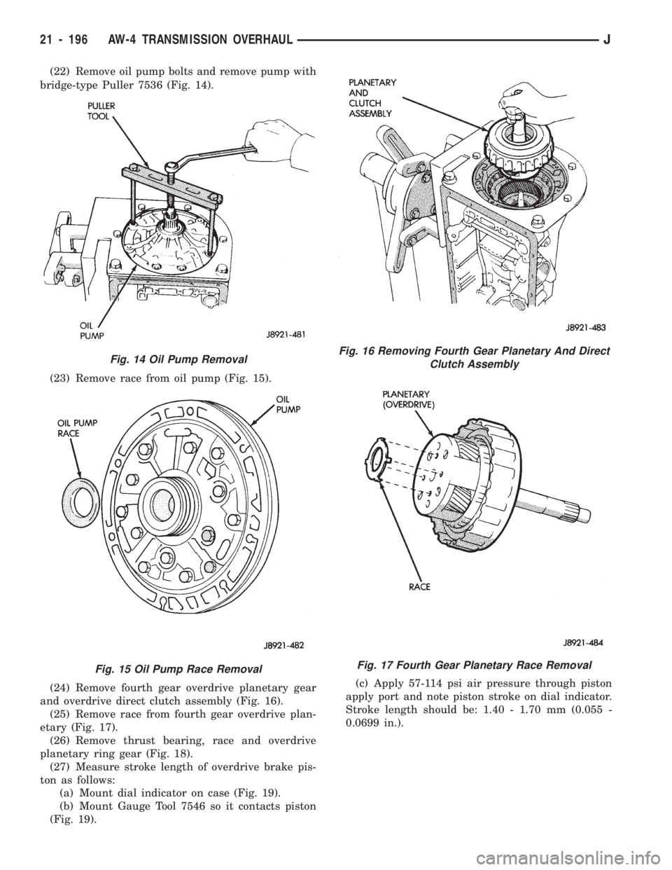 JEEP WRANGLER 1994 Owners Manual Fig. 15 Oil Pump Race Removal
Fig. 16 Removing Fourth Gear Planetary And Direct
Clutch Assembly
Fig. 17 Fourth Gear Planetary Race Removal
21 - 196 AW-4 TRANSMISSION OVERHAULJ JEEP WRANGLER 1994 Owners Manual Fig. 15 Oil Pump Race Removal
Fig. 16 Removing Fourth Gear Planetary And Direct
Clutch Assembly
Fig. 17 Fourth Gear Planetary Race Removal
21 - 196 AW-4 TRANSMISSION OVERHAULJ