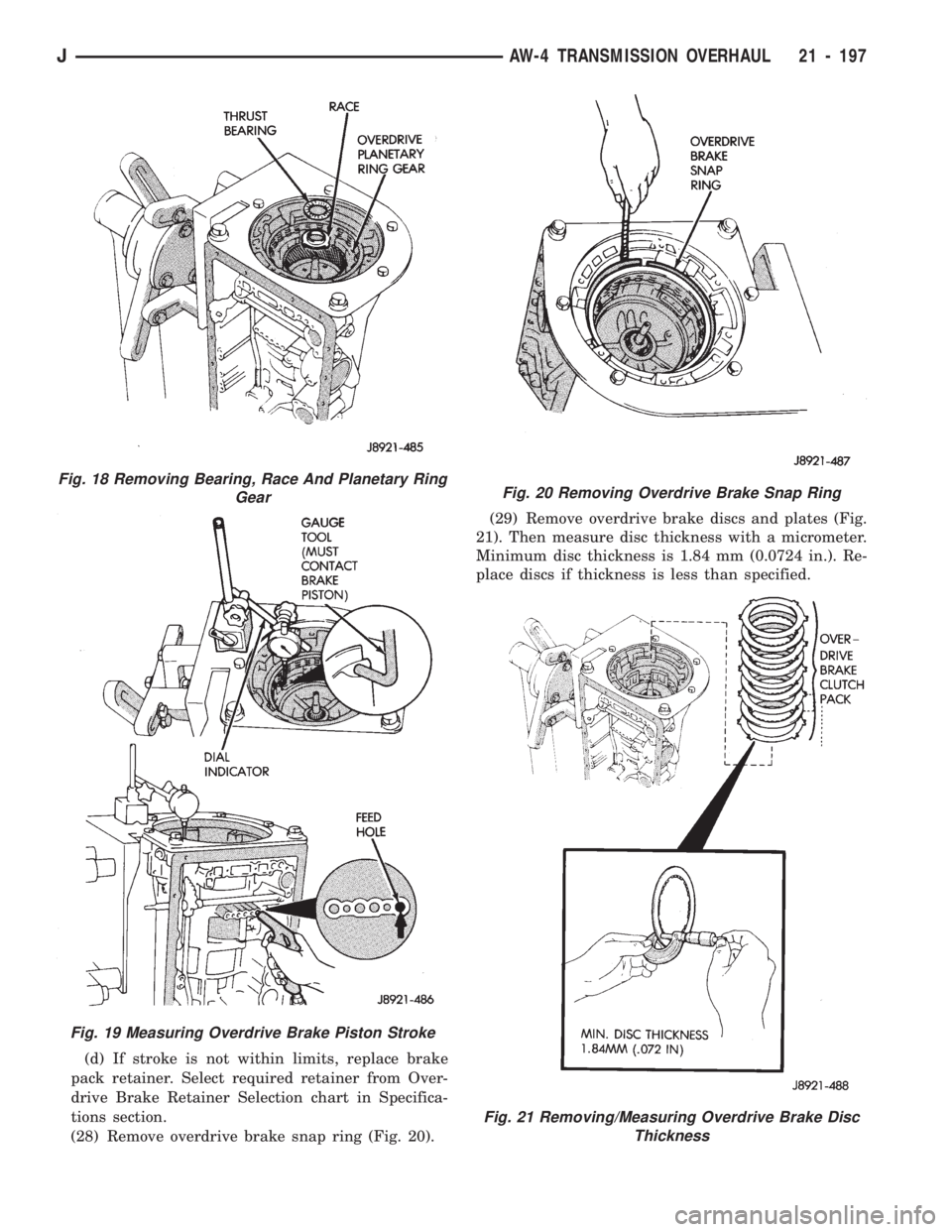 JEEP WRANGLER 1994 Owners Manual Fig. 18 Removing Bearing, Race And Planetary Ring
GearFig. 20 Removing Overdrive Brake Snap Ring
Fig. 21 Removing/Measuring Overdrive Brake Disc
Thickness
JAW-4 TRANSMISSION OVERHAUL 21 - 197 JEEP WRANGLER 1994 Owners Manual Fig. 18 Removing Bearing, Race And Planetary Ring
GearFig. 20 Removing Overdrive Brake Snap Ring
Fig. 21 Removing/Measuring Overdrive Brake Disc
Thickness
JAW-4 TRANSMISSION OVERHAUL 21 - 197