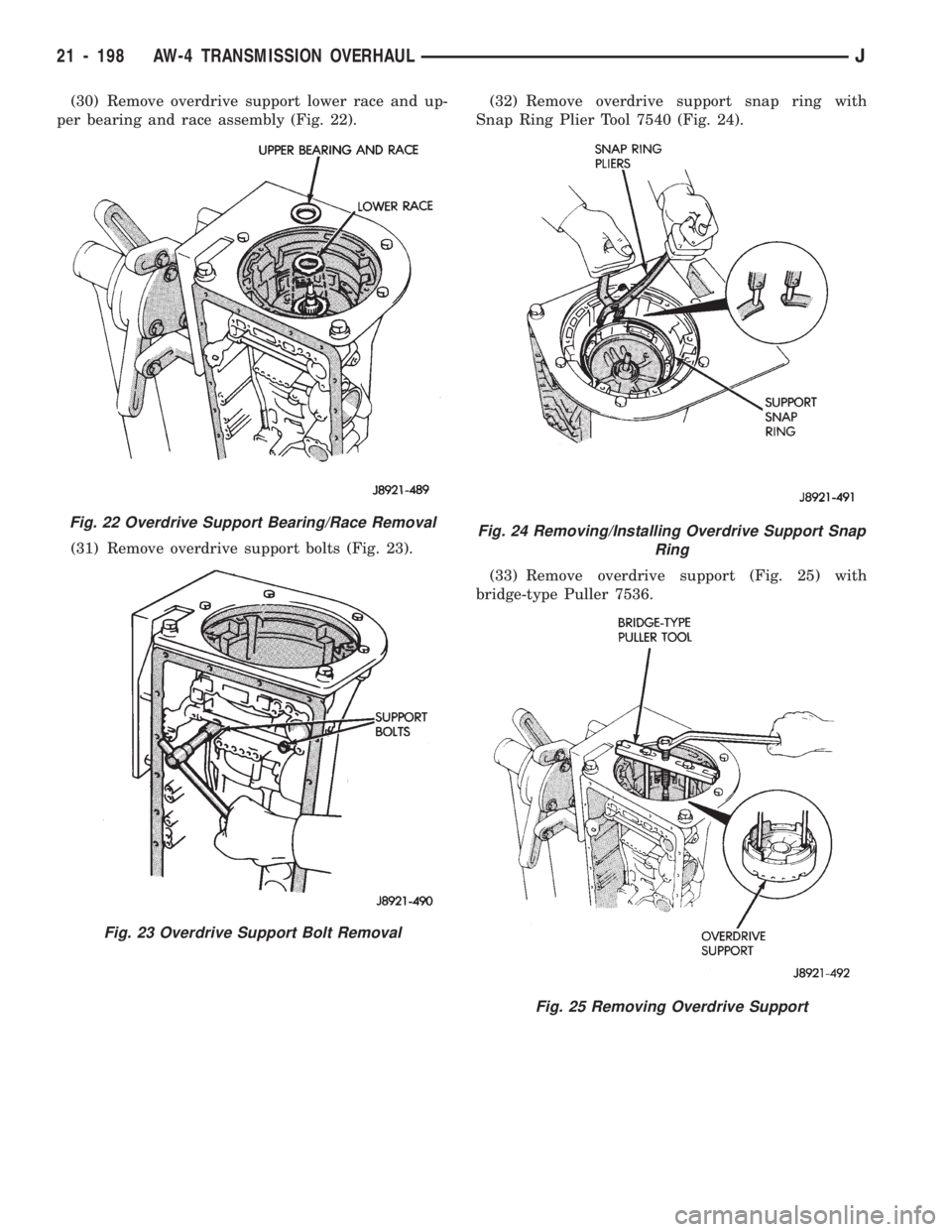 JEEP WRANGLER 1994 Owners Manual Fig. 23 Overdrive Support Bolt Removal
Fig. 24 Removing/Installing Overdrive Support Snap
Ring
Fig. 25 Removing Overdrive Support
21 - 198 AW-4 TRANSMISSION OVERHAULJ JEEP WRANGLER 1994 Owners Manual Fig. 23 Overdrive Support Bolt Removal
Fig. 24 Removing/Installing Overdrive Support Snap
Ring
Fig. 25 Removing Overdrive Support
21 - 198 AW-4 TRANSMISSION OVERHAULJ