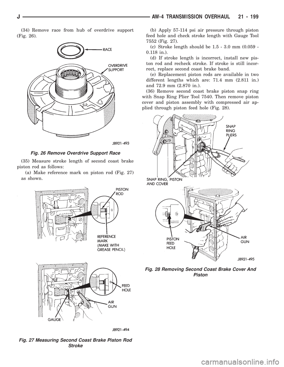 JEEP WRANGLER 1994 Owners Manual Fig. 26 Remove Overdrive Support Race
Fig. 28 Removing Second Coast Brake Cover And
Piston
JAW-4 TRANSMISSION OVERHAUL 21 - 199 JEEP WRANGLER 1994 Owners Manual Fig. 26 Remove Overdrive Support Race
Fig. 28 Removing Second Coast Brake Cover And
Piston
JAW-4 TRANSMISSION OVERHAUL 21 - 199