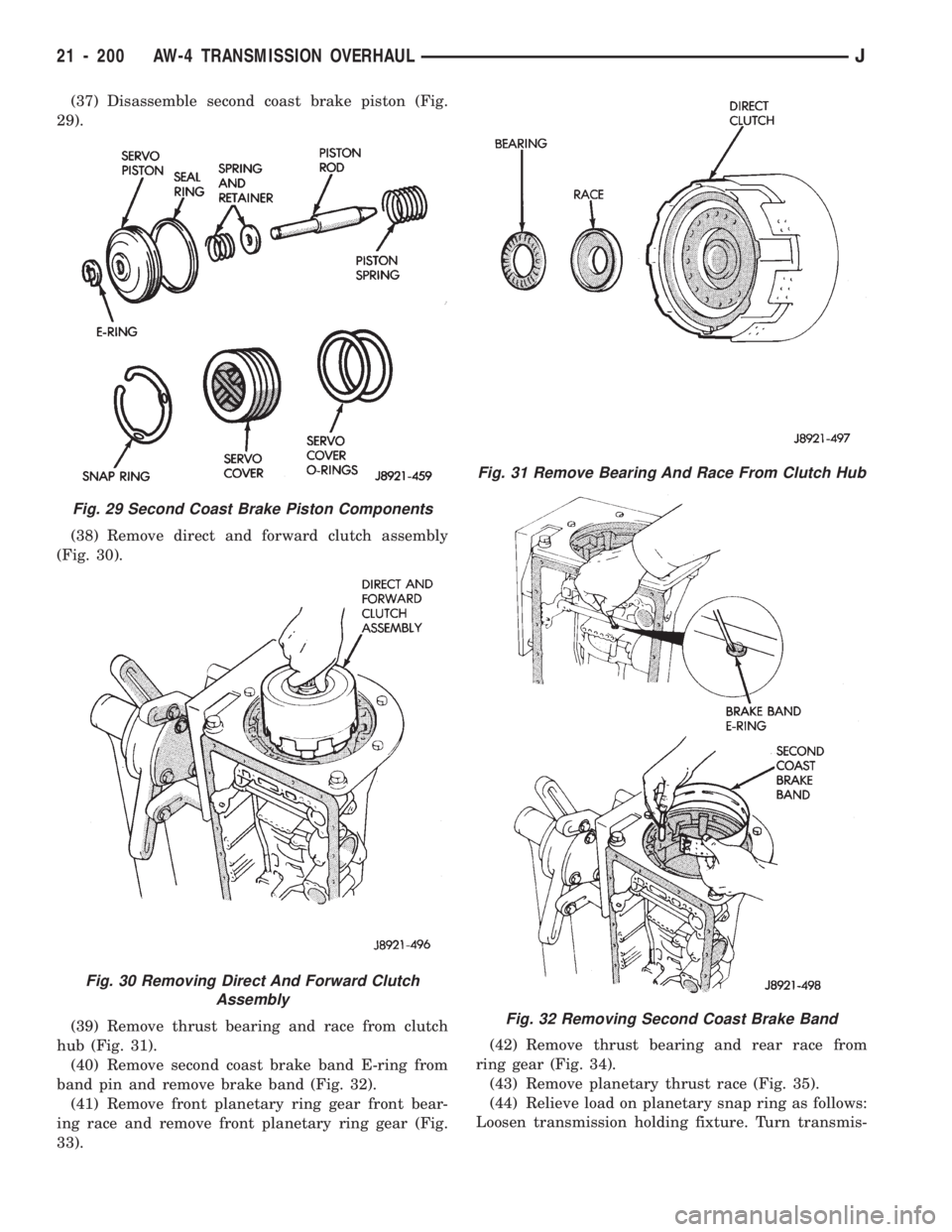 JEEP WRANGLER 1994 Owners Manual Fig. 30 Removing Direct And Forward Clutch
Assembly
Fig. 31 Remove Bearing And Race From Clutch Hub
Fig. 32 Removing Second Coast Brake Band
21 - 200 AW-4 TRANSMISSION OVERHAULJ JEEP WRANGLER 1994 Owners Manual Fig. 30 Removing Direct And Forward Clutch
Assembly
Fig. 31 Remove Bearing And Race From Clutch Hub
Fig. 32 Removing Second Coast Brake Band
21 - 200 AW-4 TRANSMISSION OVERHAULJ