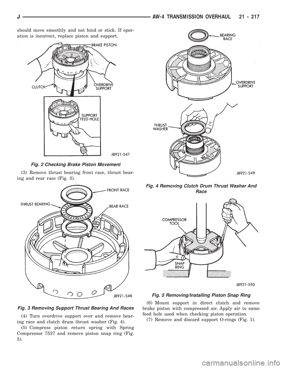 JEEP WRANGLER 1994 Owners Manual Fig. 3 Removing Support Thrust Bearing And Races
Fig. 4 Removing Clutch Drum Thrust Washer And
Race
Fig. 5 Removing/Installing Piston Snap Ring
JAW-4 TRANSMISSION OVERHAUL 21 - 217 JEEP WRANGLER 1994 Owners Manual Fig. 3 Removing Support Thrust Bearing And Races
Fig. 4 Removing Clutch Drum Thrust Washer And
Race
Fig. 5 Removing/Installing Piston Snap Ring
JAW-4 TRANSMISSION OVERHAUL 21 - 217