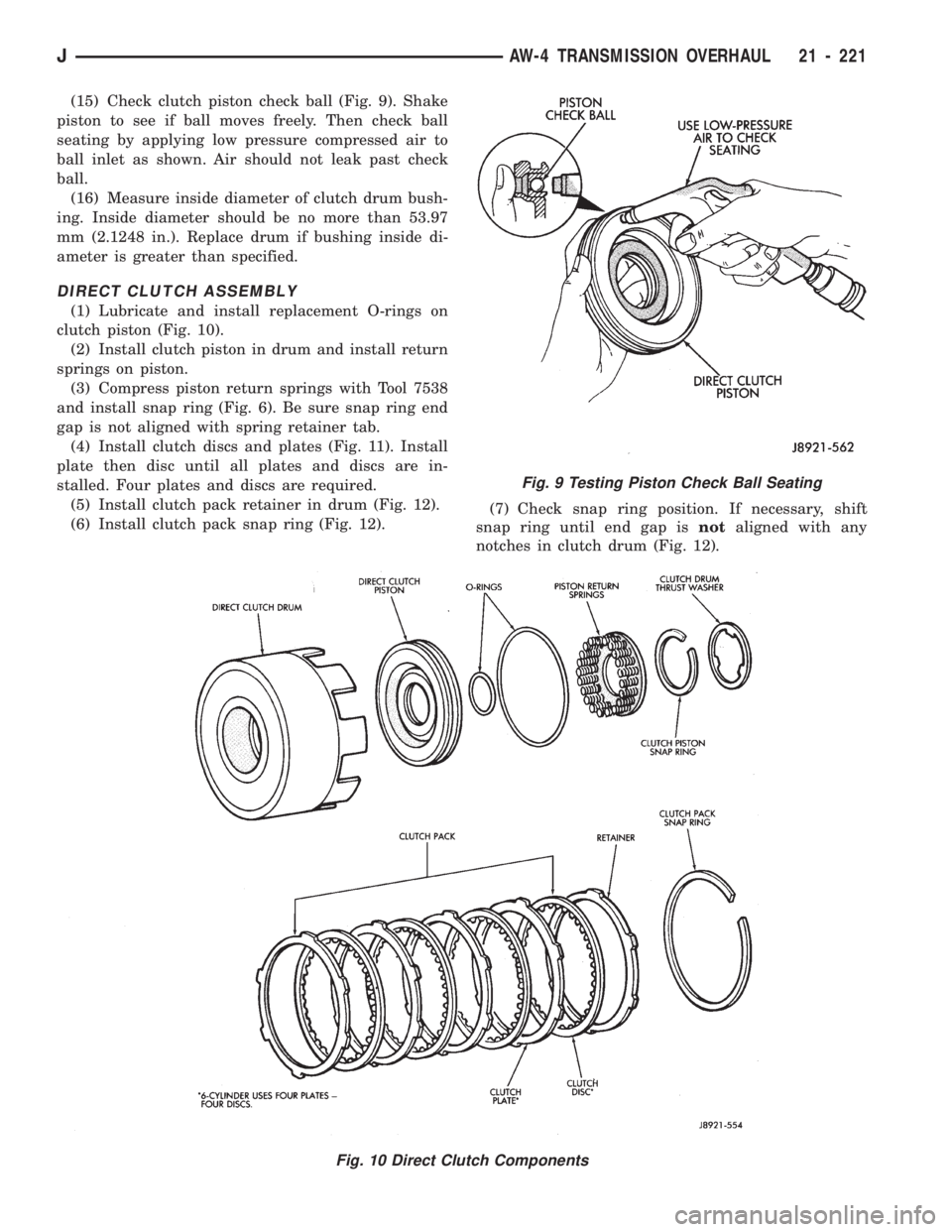 JEEP WRANGLER 1994 Owners Manual Fig. 9 Testing Piston Check Ball Seating
JAW-4 TRANSMISSION OVERHAUL 21 - 221 JEEP WRANGLER 1994 Owners Manual Fig. 9 Testing Piston Check Ball Seating
JAW-4 TRANSMISSION OVERHAUL 21 - 221