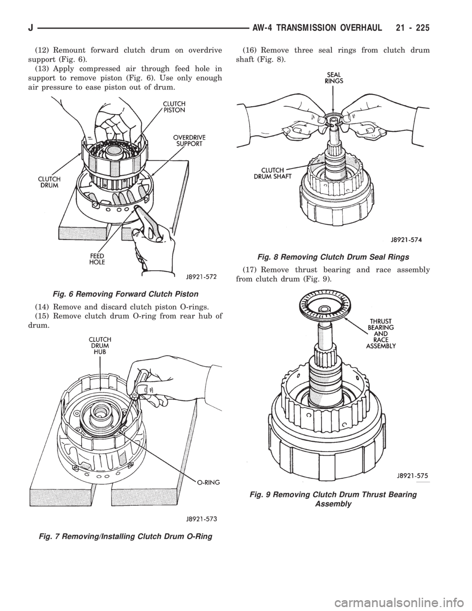 JEEP WRANGLER 1994 Owners Manual Fig. 7 Removing/Installing Clutch Drum O-Ring
Fig. 8 Removing Clutch Drum Seal Rings
Fig. 9 Removing Clutch Drum Thrust Bearing
Assembly
JAW-4 TRANSMISSION OVERHAUL 21 - 225 JEEP WRANGLER 1994 Owners Manual Fig. 7 Removing/Installing Clutch Drum O-Ring
Fig. 8 Removing Clutch Drum Seal Rings
Fig. 9 Removing Clutch Drum Thrust Bearing
Assembly
JAW-4 TRANSMISSION OVERHAUL 21 - 225