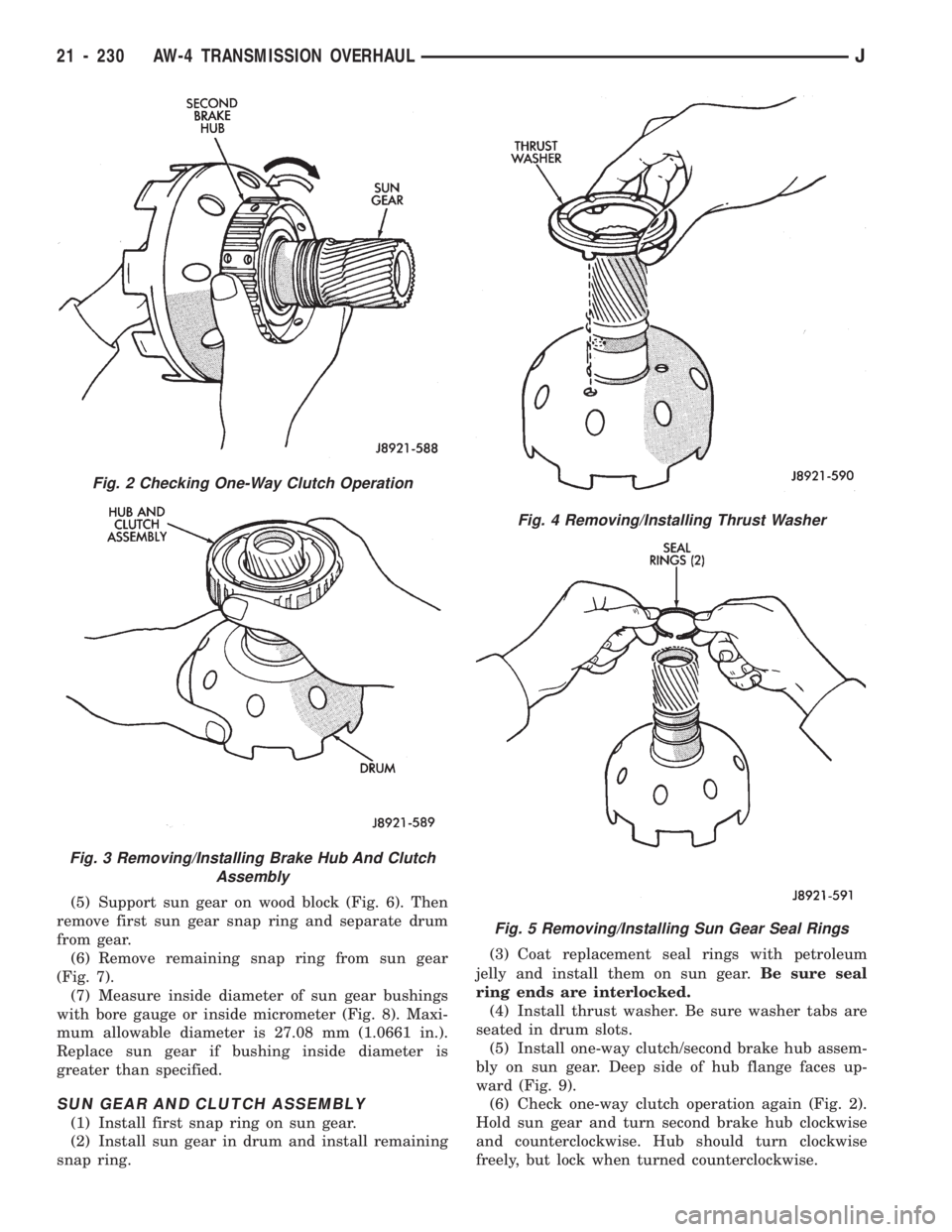 JEEP WRANGLER 1994 Owners Manual Fig. 3 Removing/Installing Brake Hub And Clutch
Assembly
Fig. 4 Removing/Installing Thrust Washer
Fig. 5 Removing/Installing Sun Gear Seal Rings
21 - 230 AW-4 TRANSMISSION OVERHAULJ JEEP WRANGLER 1994 Owners Manual Fig. 3 Removing/Installing Brake Hub And Clutch
Assembly
Fig. 4 Removing/Installing Thrust Washer
Fig. 5 Removing/Installing Sun Gear Seal Rings
21 - 230 AW-4 TRANSMISSION OVERHAULJ
