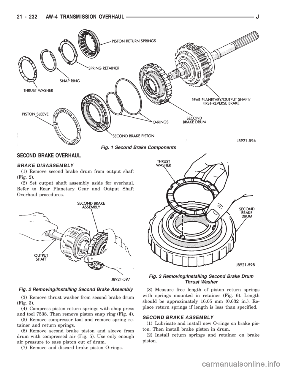 JEEP WRANGLER 1994 Owners Manual Fig. 2 Removing/Installing Second Brake Assembly
Fig. 3 Removing/Installing Second Brake Drum
Thrust Washer
21 - 232 AW-4 TRANSMISSION OVERHAULJ JEEP WRANGLER 1994 Owners Manual Fig. 2 Removing/Installing Second Brake Assembly
Fig. 3 Removing/Installing Second Brake Drum
Thrust Washer
21 - 232 AW-4 TRANSMISSION OVERHAULJ