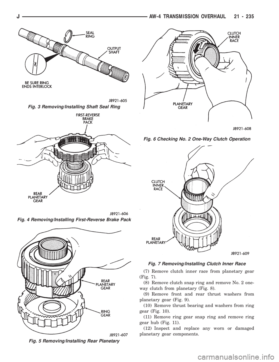 JEEP WRANGLER 1994 Owners Manual Fig. 5 Removing/Installing Rear Planetary
Fig. 3 Removing/Installing Shaft Seal Ring
Fig. 4 Removing/Installing First-Reverse Brake Pack
Fig. 6 Checking No. 2 One-Way Clutch Operation
JAW-4 TRANSMISSI JEEP WRANGLER 1994 Owners Manual Fig. 5 Removing/Installing Rear Planetary
Fig. 3 Removing/Installing Shaft Seal Ring
Fig. 4 Removing/Installing First-Reverse Brake Pack
Fig. 6 Checking No. 2 One-Way Clutch Operation
JAW-4 TRANSMISSI