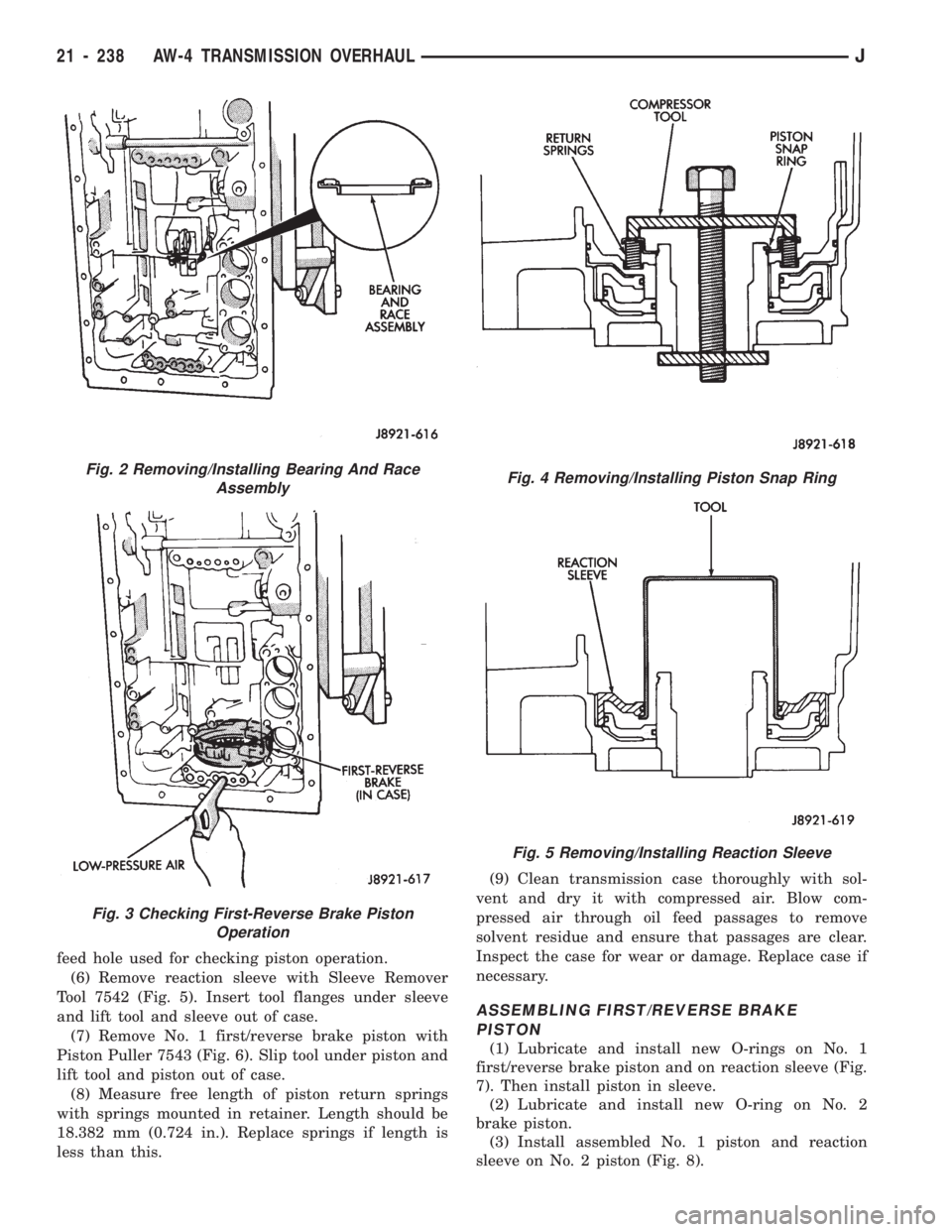JEEP WRANGLER 1994 Owners Manual Fig. 3 Checking First-Reverse Brake Piston
Operation
Fig. 4 Removing/Installing Piston Snap Ring
Fig. 5 Removing/Installing Reaction Sleeve
21 - 238 AW-4 TRANSMISSION OVERHAULJ JEEP WRANGLER 1994 Owners Manual Fig. 3 Checking First-Reverse Brake Piston
Operation
Fig. 4 Removing/Installing Piston Snap Ring
Fig. 5 Removing/Installing Reaction Sleeve
21 - 238 AW-4 TRANSMISSION OVERHAULJ