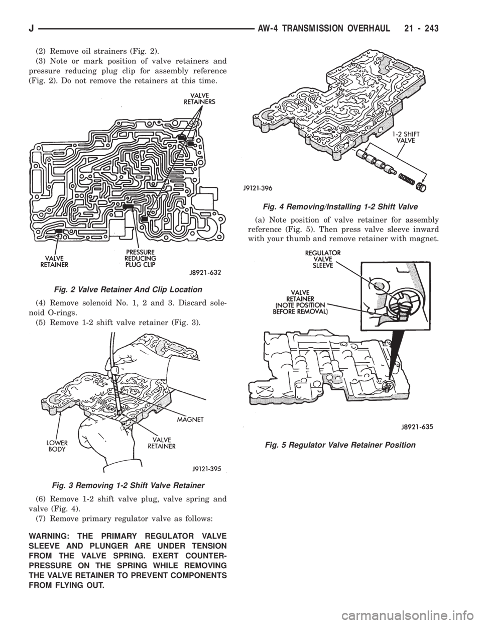 JEEP WRANGLER 1994  Owners Manual Fig. 3 Removing 1-2 Shift Valve Retainer
Fig. 4 Removing/Installing 1-2 Shift Valve
Fig. 5 Regulator Valve Retainer Position
JAW-4 TRANSMISSION OVERHAUL 21 - 243 