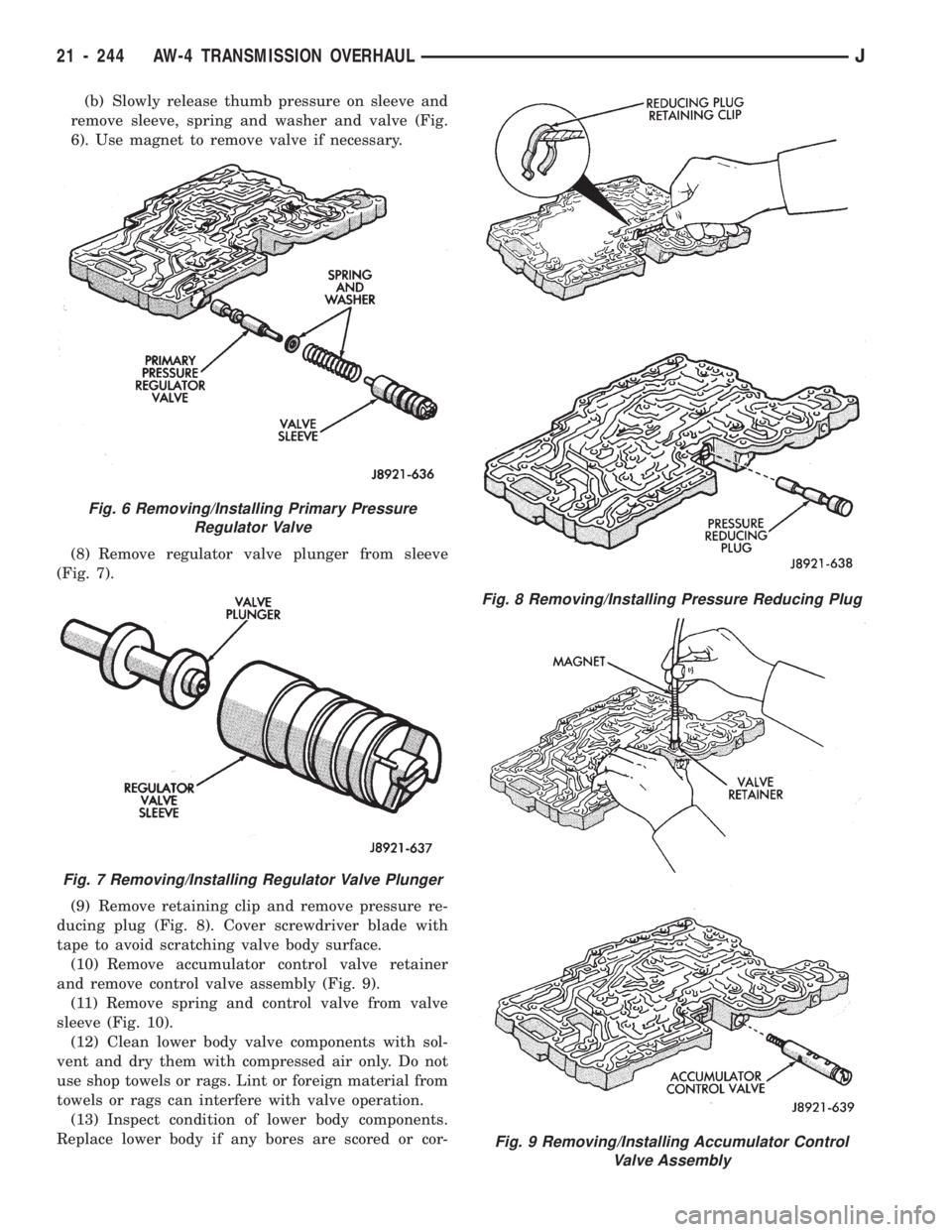JEEP WRANGLER 1994  Owners Manual Fig. 6 Removing/Installing Primary Pressure
Regulator Valve
Fig. 7 Removing/Installing Regulator Valve Plunger
Fig. 8 Removing/Installing Pressure Reducing Plug
21 - 244 AW-4 TRANSMISSION OVERHAULJ 