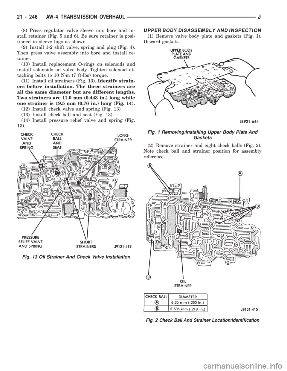 JEEP WRANGLER 1994  Owners Manual Fig. 2 Check Ball And Strainer Location/Identification
Fig. 13 Oil Strainer And Check Valve Installation
21 - 246 AW-4 TRANSMISSION OVERHAULJ 