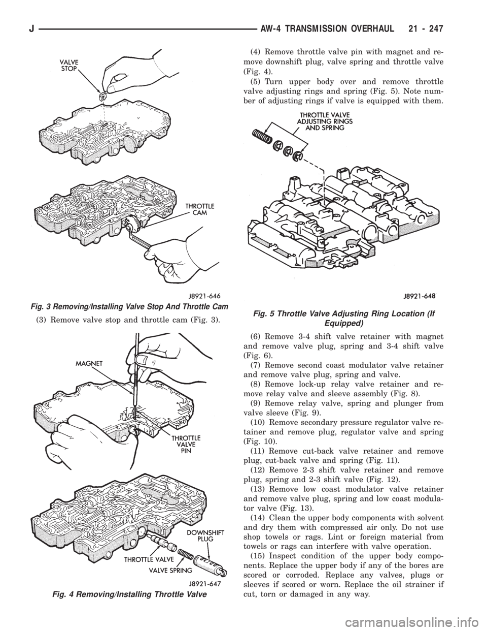 JEEP WRANGLER 1994  Owners Manual Fig. 4 Removing/Installing Throttle Valve
Fig. 5 Throttle Valve Adjusting Ring Location (If
Equipped)
JAW-4 TRANSMISSION OVERHAUL 21 - 247 