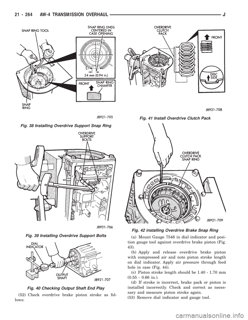 JEEP WRANGLER 1994  Owners Manual Fig. 39 Installing Overdrive Support Bolts
Fig. 40 Checking Output Shaft End Play
Fig. 41 Install Overdrive Clutch Pack
Fig. 42 installing Overdrive Brake Snap Ring
21 - 264 AW-4 TRANSMISSION OVERHAUL