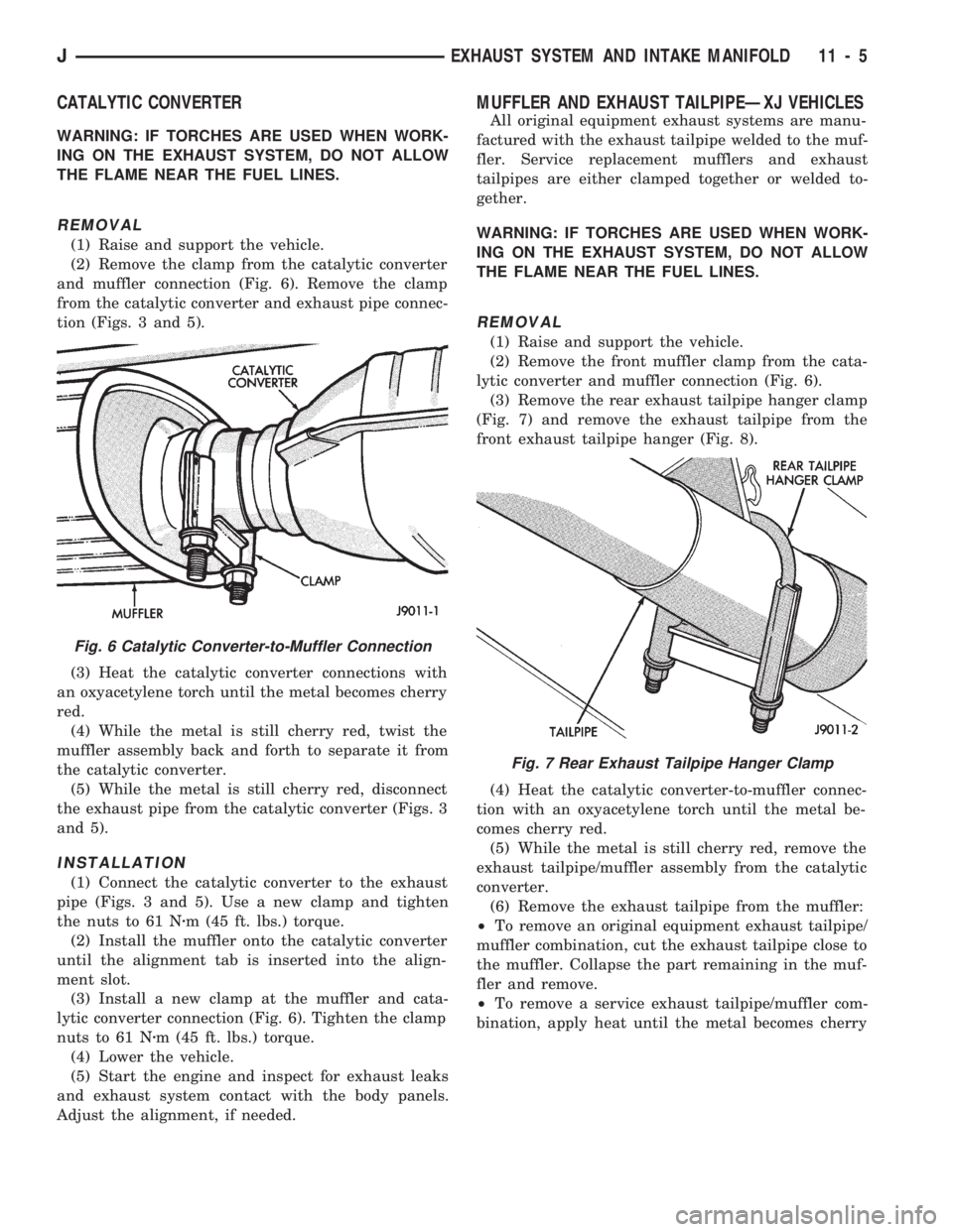 JEEP WRANGLER 1994 Workshop Manual Fig. 7 Rear Exhaust Tailpipe Hanger Clamp
JEXHAUST SYSTEM AND INTAKE MANIFOLD 11 - 5 