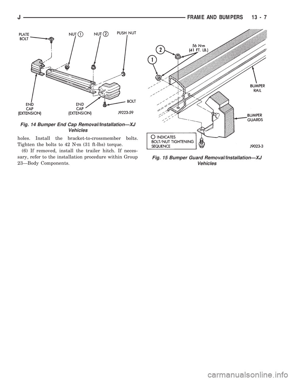 JEEP WRANGLER 1994 Repair Manual Fig. 15 Bumper Guard Removal/InstallationÐXJ
Vehicles
JFRAME AND BUMPERS 13 - 7 JEEP WRANGLER 1994 Repair Manual Fig. 15 Bumper Guard Removal/InstallationÐXJ
Vehicles
JFRAME AND BUMPERS 13 - 7