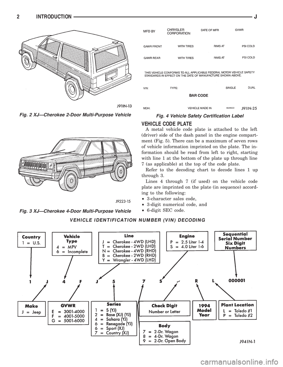 JEEP WRANGLER 1994  Owners Manual Fig. 3 XJÐCherokee 4-Door Multi-Purpose Vehicle
Fig. 4 Vehicle Safety Certification Label
VEHICLE IDENTIFICATION NUMBER (VIN) DECODING 