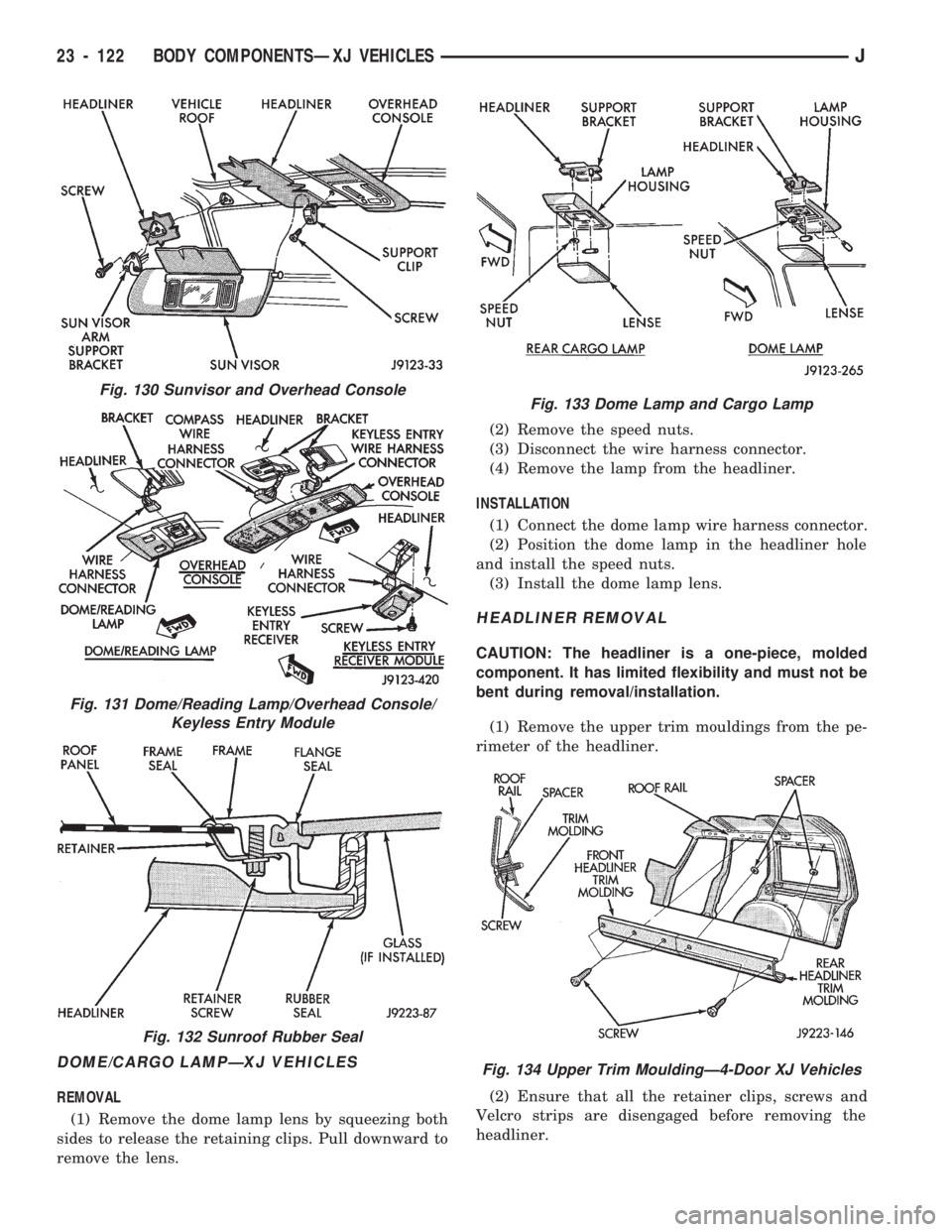 JEEP WRANGLER 1994  Owners Manual Fig. 131 Dome/Reading Lamp/Overhead Console/
Keyless Entry Module
Fig. 132 Sunroof Rubber Seal
Fig. 133 Dome Lamp and Cargo Lamp
Fig. 134 Upper Trim MouldingÐ4-Door XJ Vehicles
23 - 122 BODY COMPONEN