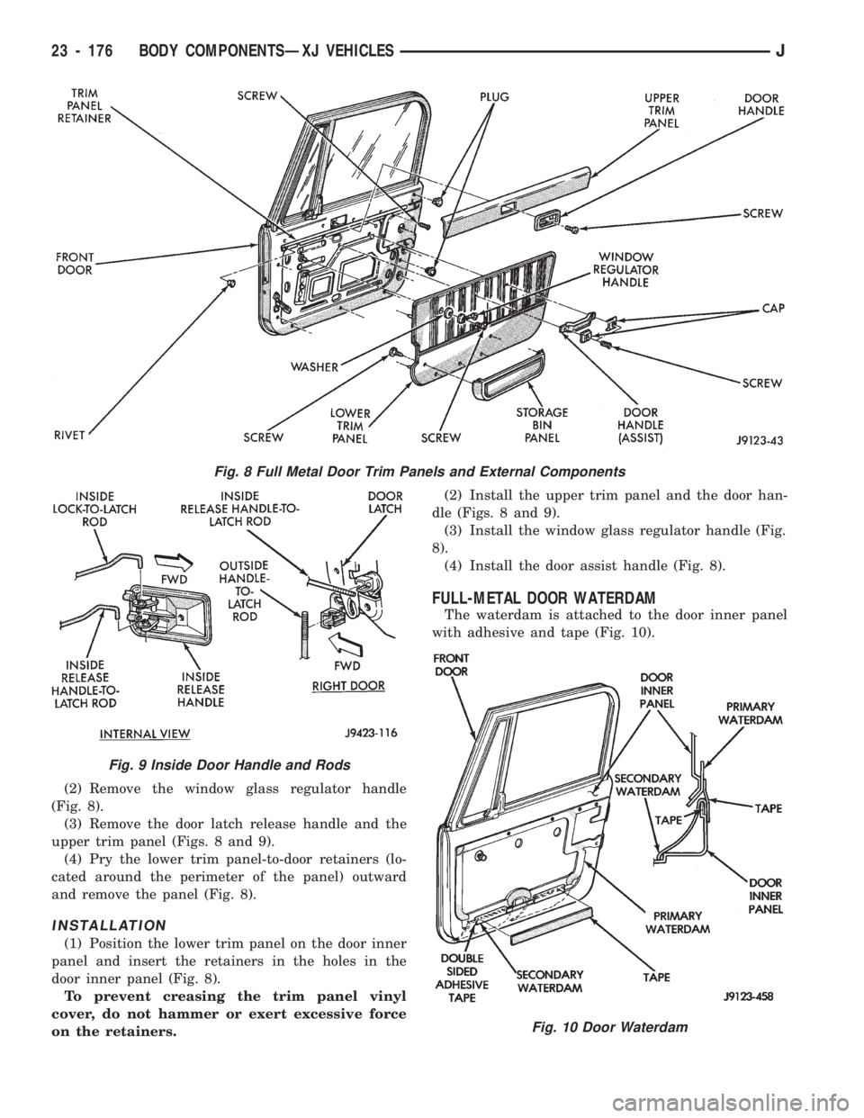 JEEP WRANGLER 1994 Owners Manual Fig. 8 Full Metal Door Trim Panels and External Components
Fig. 9 Inside Door Handle and Rods
23 - 176 BODY COMPONENTSÐXJ VEHICLESJ JEEP WRANGLER 1994 Owners Manual Fig. 8 Full Metal Door Trim Panels and External Components
Fig. 9 Inside Door Handle and Rods
23 - 176 BODY COMPONENTSÐXJ VEHICLESJ