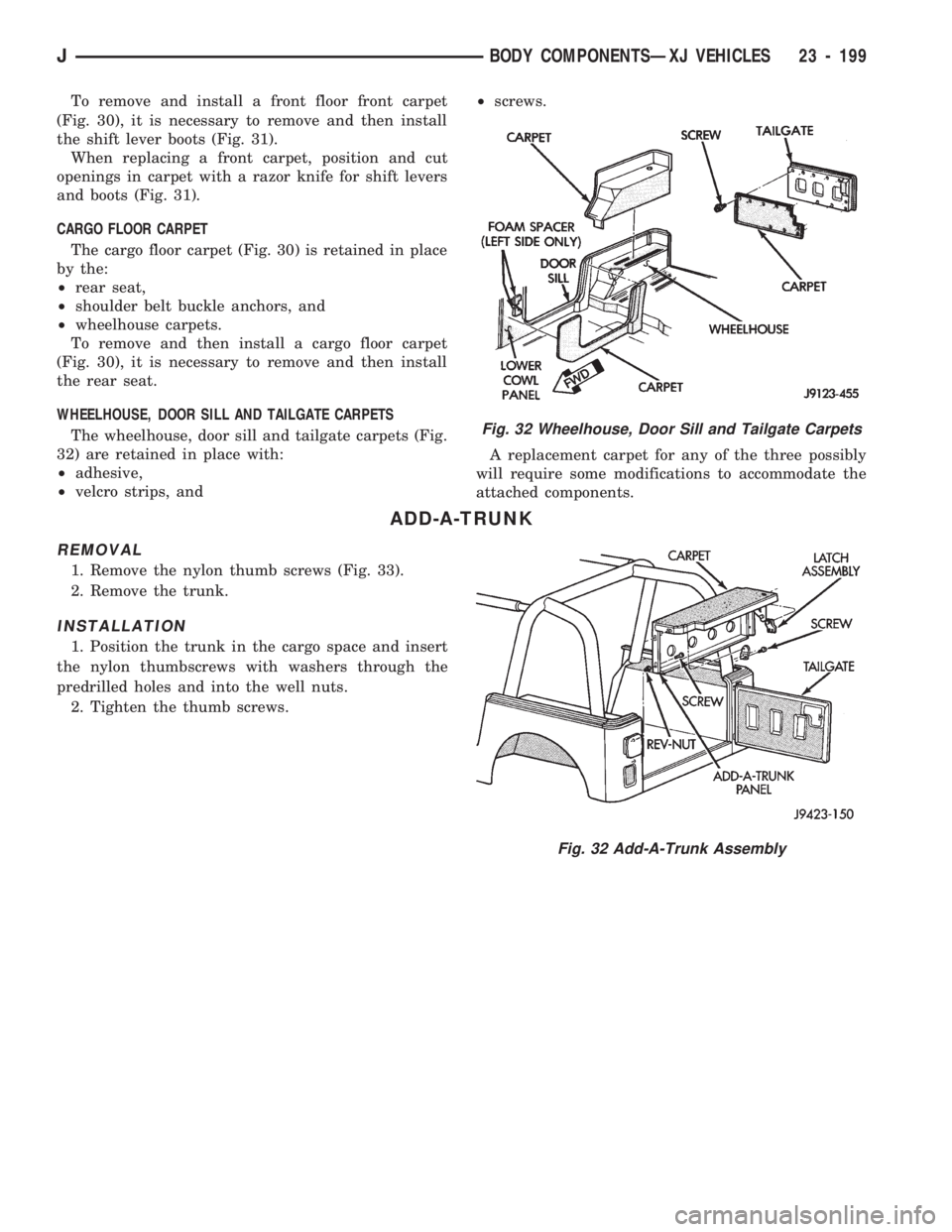 JEEP WRANGLER 1994  Owners Manual Fig. 32 Add-A-Trunk Assembly
JBODY COMPONENTSÐXJ VEHICLES 23 - 199 