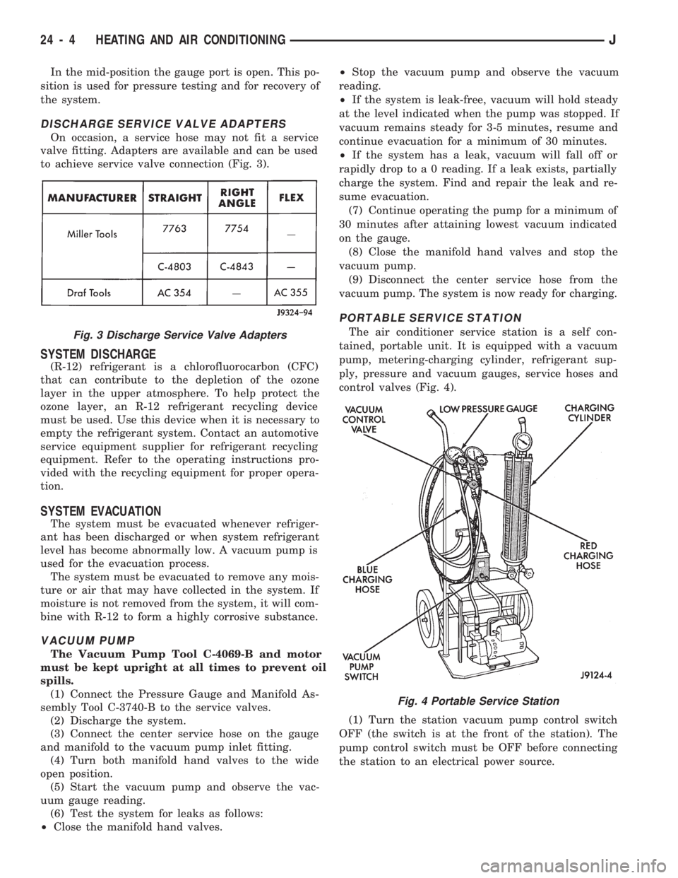JEEP WRANGLER 1994 Owners Manual Fig. 4 Portable Service Station
24 - 4 HEATING AND AIR CONDITIONINGJ JEEP WRANGLER 1994 Owners Manual Fig. 4 Portable Service Station
24 - 4 HEATING AND AIR CONDITIONINGJ