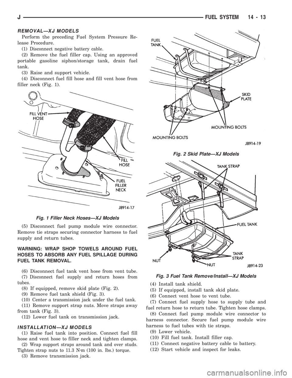 JEEP WRANGLER 1994  Owners Manual REMOVALÐXJ MODELS
Perform the preceding Fuel System Pressure Re-
lease Procedure.
(1) Disconnect negative battery cable.
(2) Remove the fuel filler cap. Using an approved
portable gasoline siphon/sto