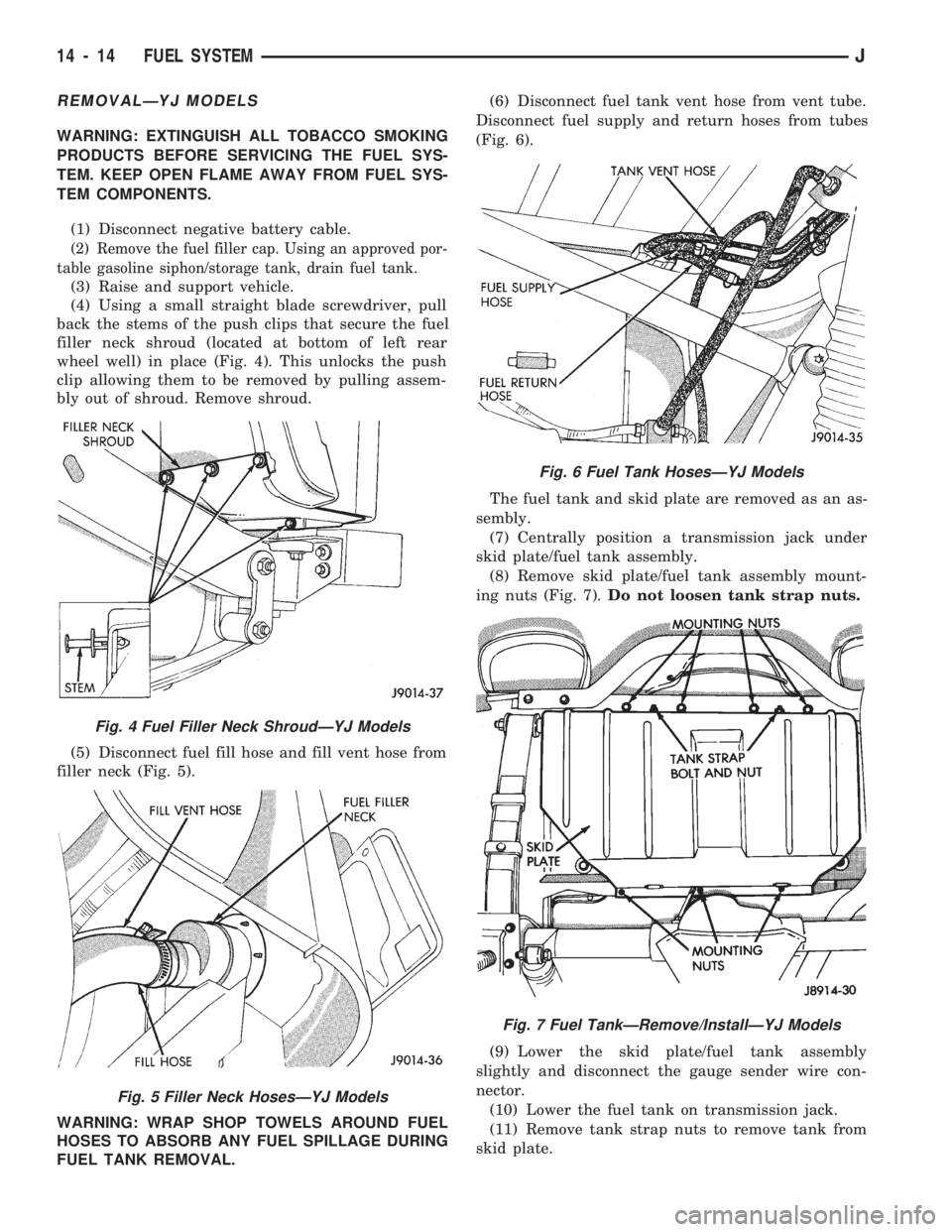 JEEP WRANGLER 1994 Owners Manual REMOVALÐYJ MODELS
WARNING: EXTINGUISH ALL TOBACCO SMOKING
PRODUCTS BEFORE SERVICING THE FUEL SYS-
TEM. KEEP OPEN FLAME AWAY FROM FUEL SYS-
TEM COMPONENTS.
(1) Disconnect negative battery cable.
(2) R JEEP WRANGLER 1994 Owners Manual REMOVALÐYJ MODELS
WARNING: EXTINGUISH ALL TOBACCO SMOKING
PRODUCTS BEFORE SERVICING THE FUEL SYS-
TEM. KEEP OPEN FLAME AWAY FROM FUEL SYS-
TEM COMPONENTS.
(1) Disconnect negative battery cable.
(2) R