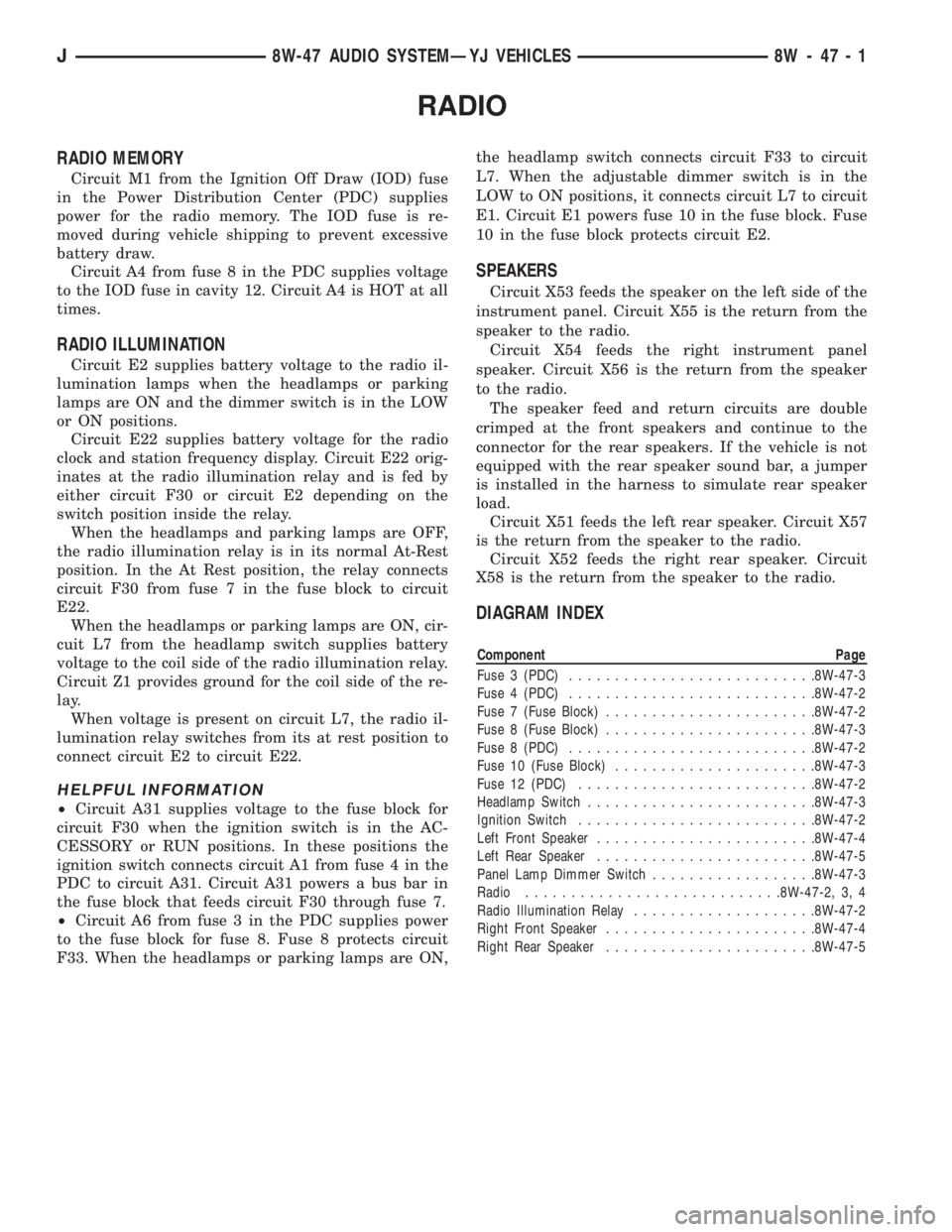 JEEP WRANGLER 1995 Owners Manual Component Page
Fuse 3 (PDC)...........................8W-47-3
Fuse 4 (PDC)...........................8W-47-2
Fuse 7 (Fuse Block).......................8W-47-2
Fuse 8 (Fuse Block)......................