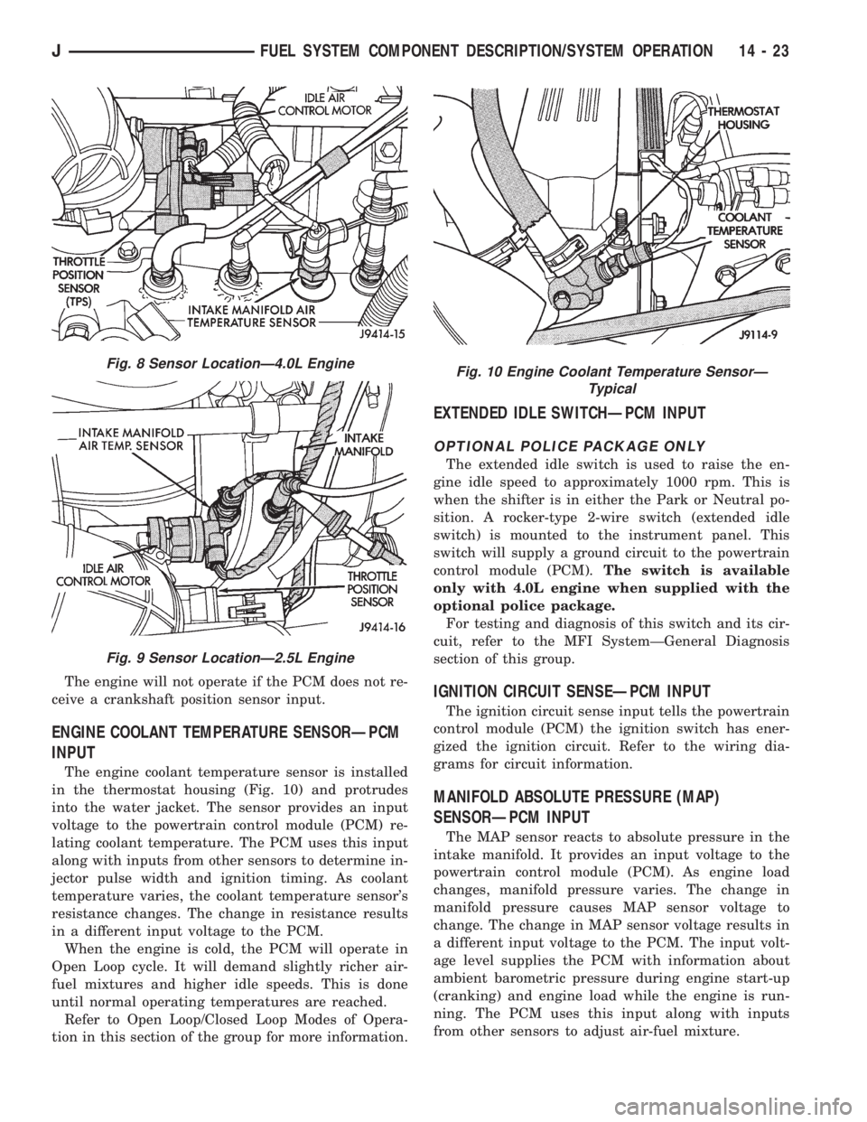 JEEP WRANGLER 1995 Owners Manual Fig. 9 Sensor LocationÐ2.5L Engine
Fig. 10 Engine Coolant Temperature SensorÐ
Typical
JFUEL SYSTEM COMPONENT DESCRIPTION/SYSTEM OPERATION 14 - 23 JEEP WRANGLER 1995 Owners Manual Fig. 9 Sensor LocationÐ2.5L Engine
Fig. 10 Engine Coolant Temperature SensorÐ
Typical
JFUEL SYSTEM COMPONENT DESCRIPTION/SYSTEM OPERATION 14 - 23