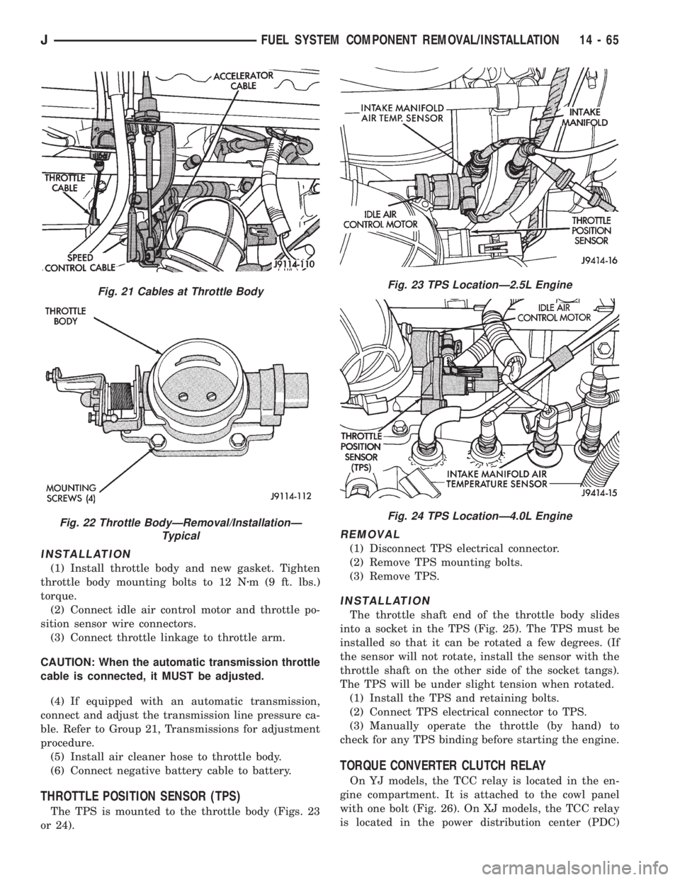 JEEP WRANGLER 1995 Owners Manual Fig. 22 Throttle BodyÐRemoval/InstallationÐ
Typical
Fig. 23 TPS LocationÐ2.5L Engine
Fig. 24 TPS LocationÐ4.0L Engine
JFUEL SYSTEM COMPONENT REMOVAL/INSTALLATION 14 - 65 JEEP WRANGLER 1995 Owners Manual Fig. 22 Throttle BodyÐRemoval/InstallationÐ
Typical
Fig. 23 TPS LocationÐ2.5L Engine
Fig. 24 TPS LocationÐ4.0L Engine
JFUEL SYSTEM COMPONENT REMOVAL/INSTALLATION 14 - 65