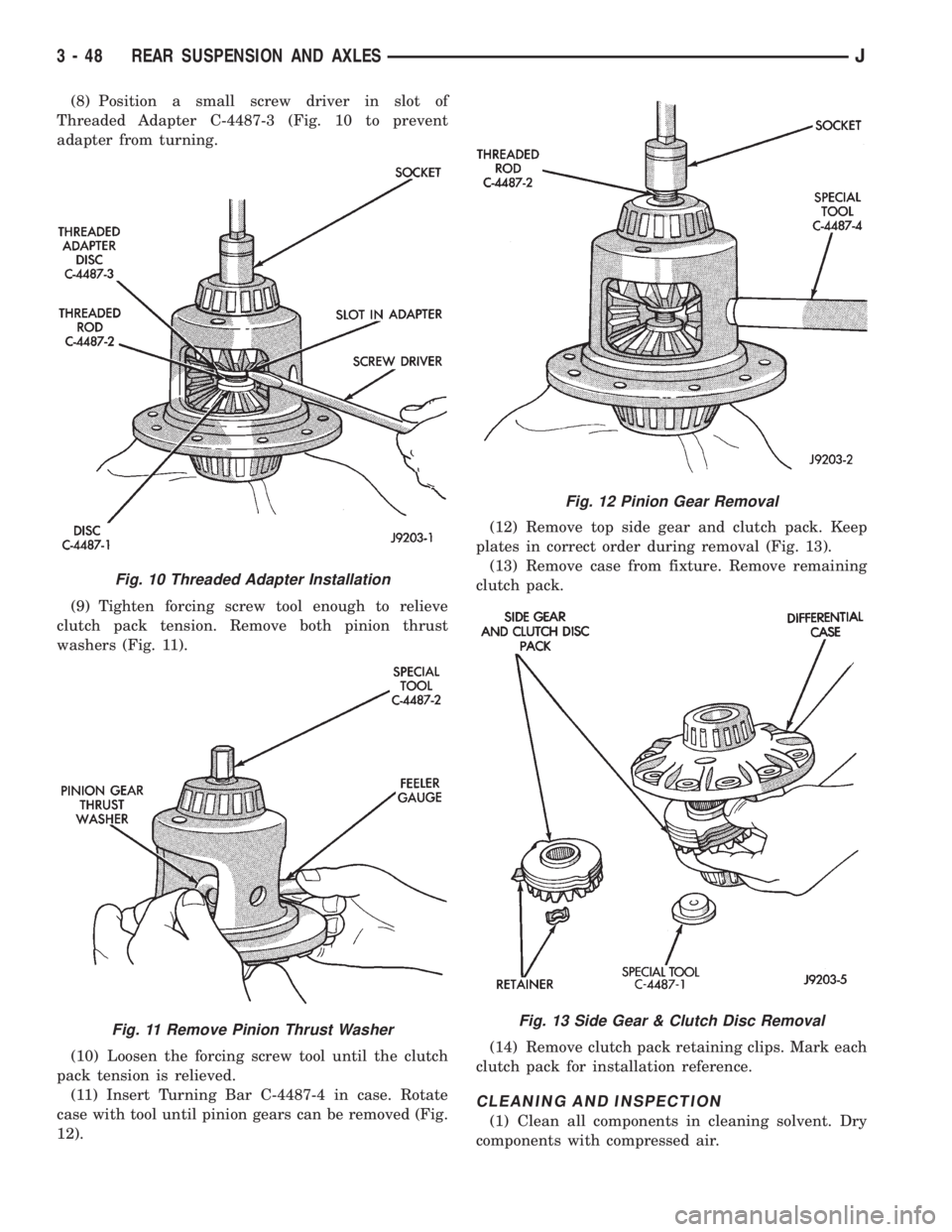 JEEP WRANGLER 1995 Owners Manual Fig. 11 Remove Pinion Thrust Washer
Fig. 12 Pinion Gear Removal
Fig. 13 Side Gear & Clutch Disc Removal
3 - 48 REAR SUSPENSION AND AXLESJ JEEP WRANGLER 1995 Owners Manual Fig. 11 Remove Pinion Thrust Washer
Fig. 12 Pinion Gear Removal
Fig. 13 Side Gear & Clutch Disc Removal
3 - 48 REAR SUSPENSION AND AXLESJ