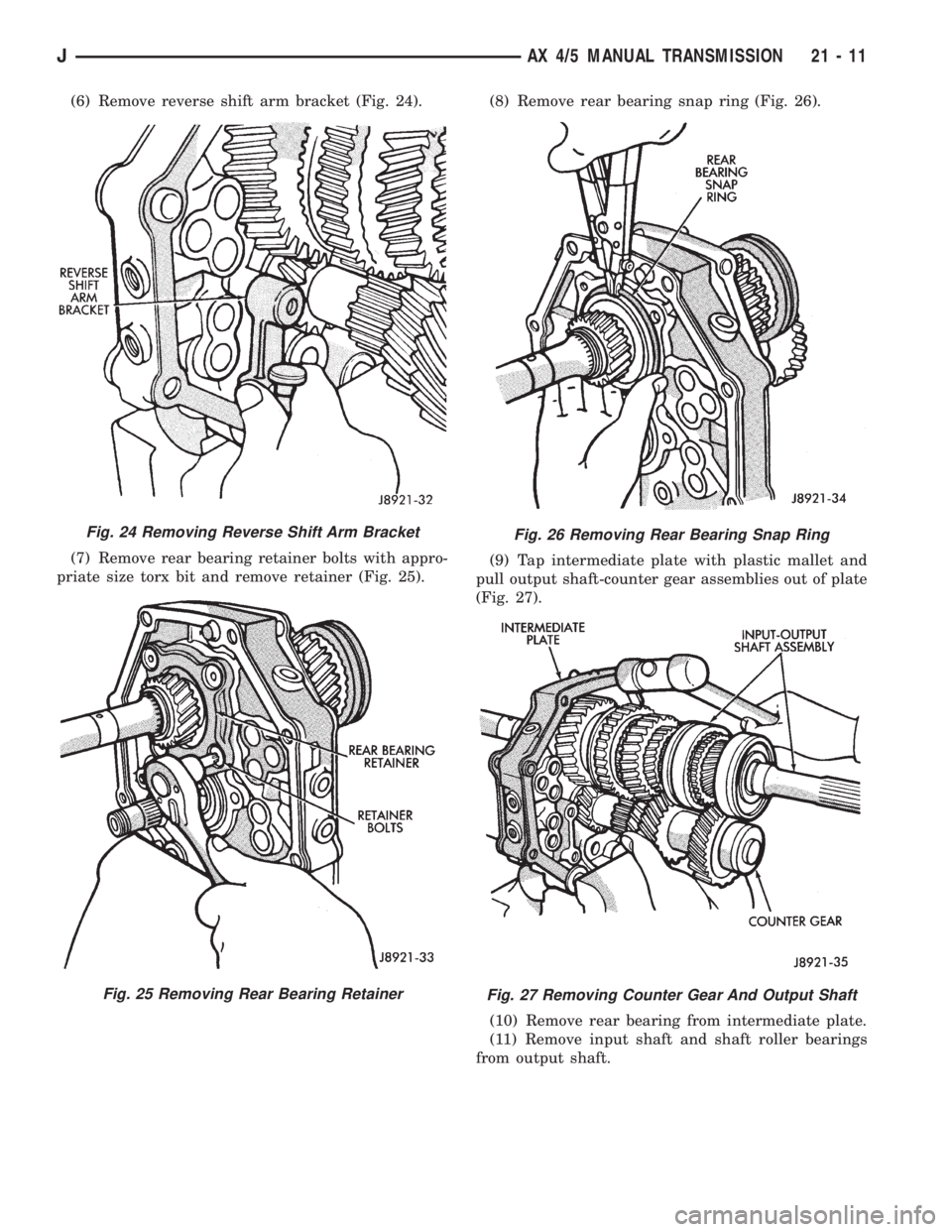JEEP WRANGLER 1995  Owners Manual Fig. 25 Removing Rear Bearing Retainer
Fig. 26 Removing Rear Bearing Snap Ring
Fig. 27 Removing Counter Gear And Output Shaft
JAX 4/5 MANUAL TRANSMISSION 21 - 11 