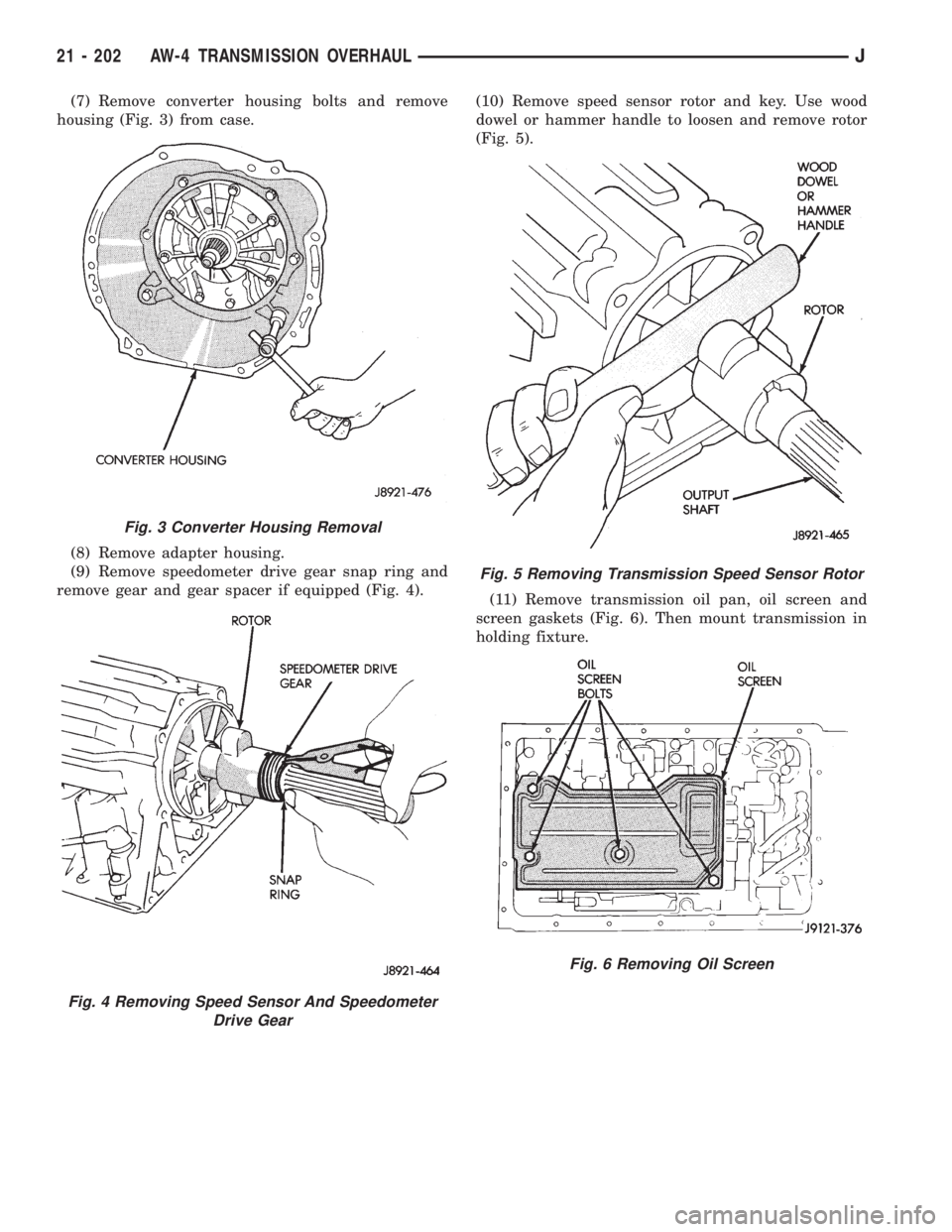 JEEP WRANGLER 1995 Owners Guide Fig. 4 Removing Speed Sensor And Speedometer
Drive Gear
Fig. 5 Removing Transmission Speed Sensor Rotor
Fig. 6 Removing Oil Screen
21 - 202 AW-4 TRANSMISSION OVERHAULJ JEEP WRANGLER 1995 Owners Guide Fig. 4 Removing Speed Sensor And Speedometer
Drive Gear
Fig. 5 Removing Transmission Speed Sensor Rotor
Fig. 6 Removing Oil Screen
21 - 202 AW-4 TRANSMISSION OVERHAULJ